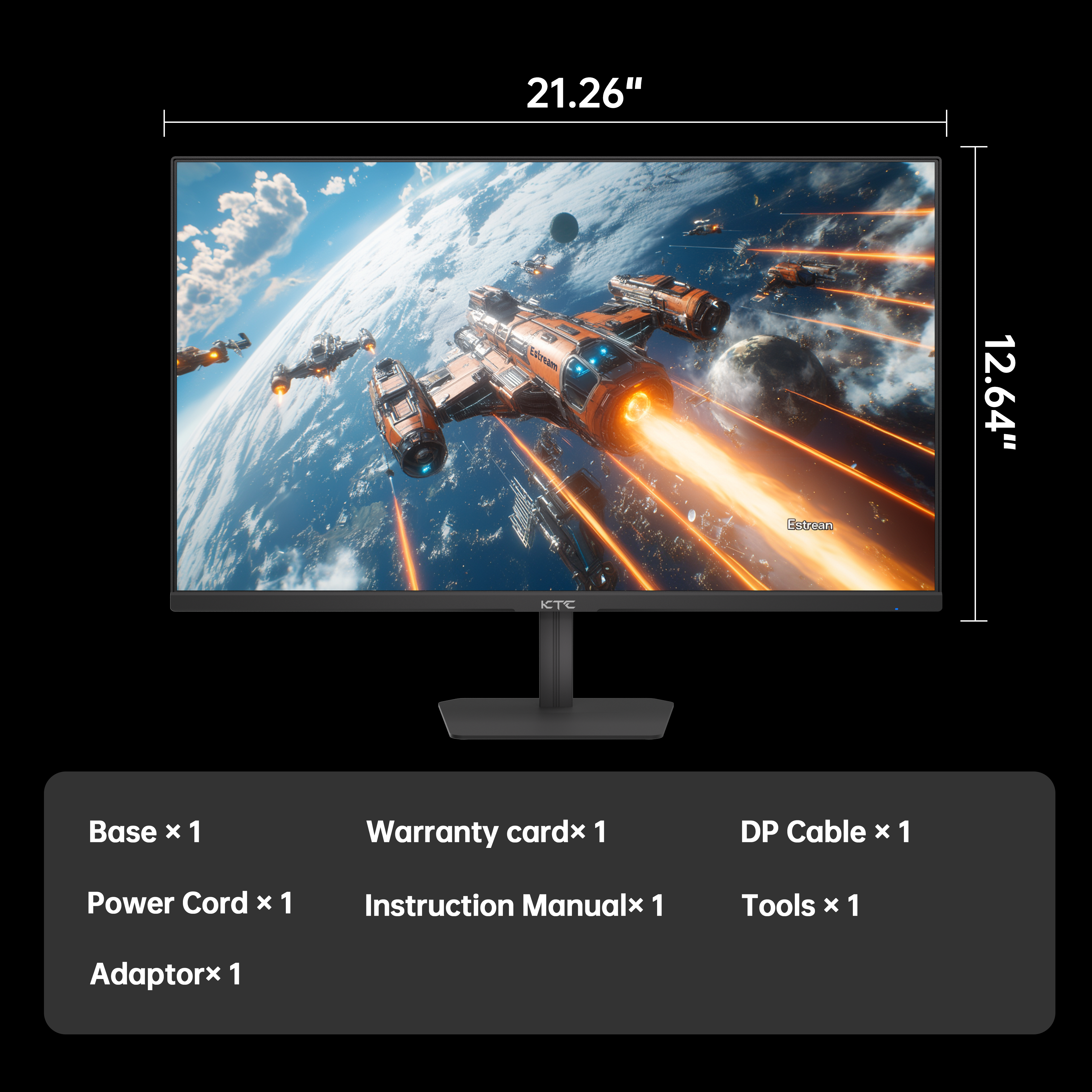 KTC 24 inch gaming monitor product image with dimensions and included accessories, space battle displayed