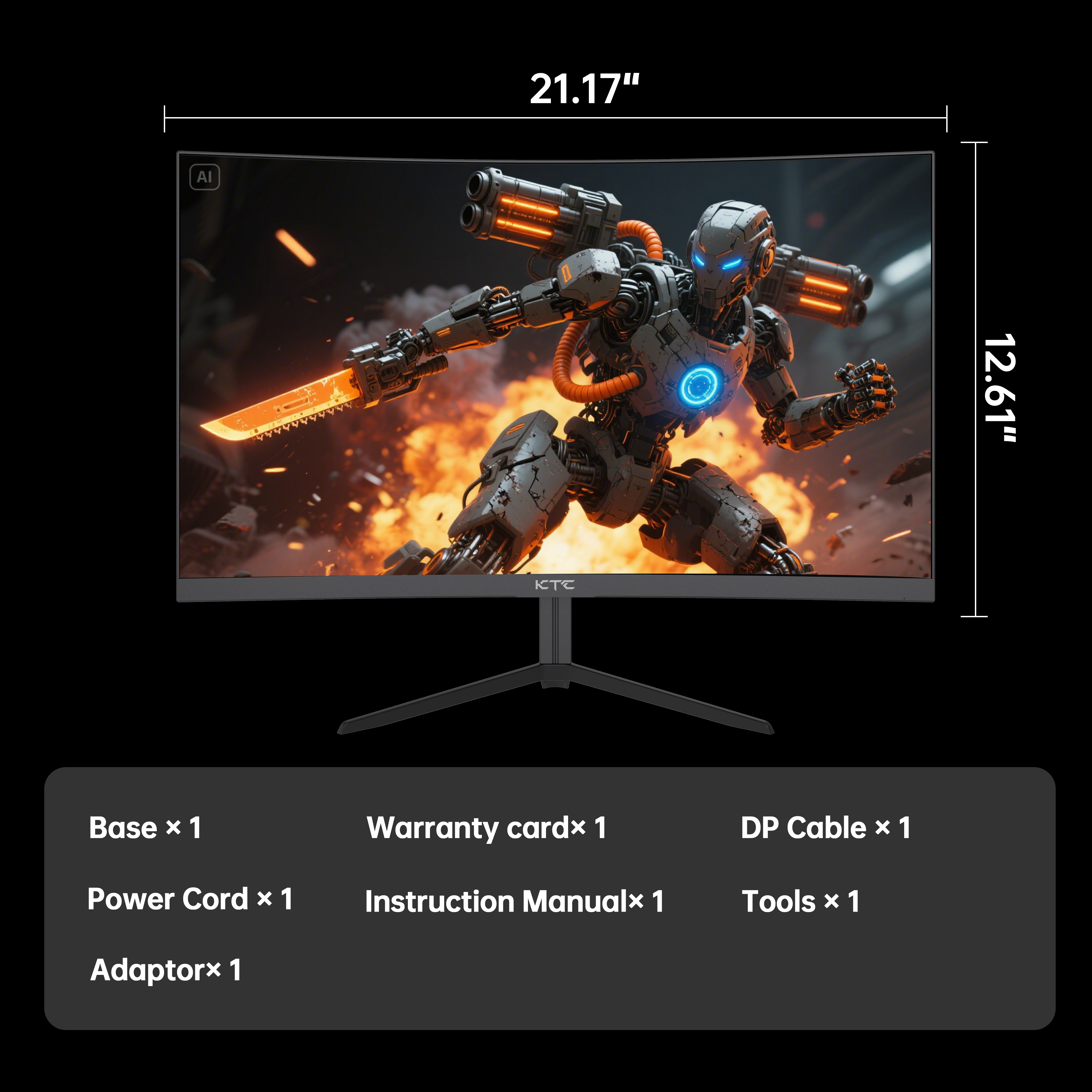 KTC 24" curved gaming monitor showing dimensions and included accessories, perfect for esports players