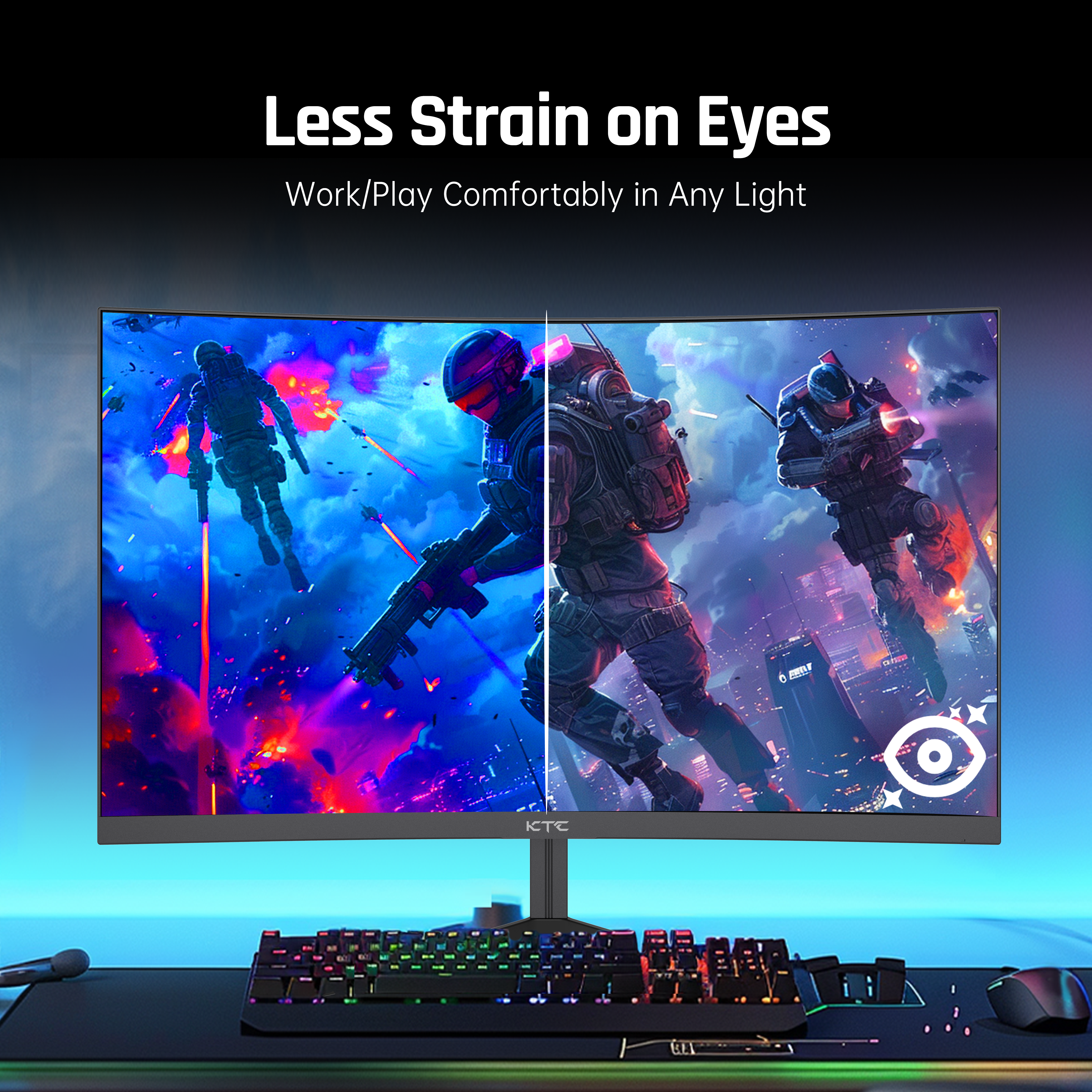 KTC 24" curved gaming monitor with text 'Less Strain on Eyes', featuring esports game display and illuminated keyboard.