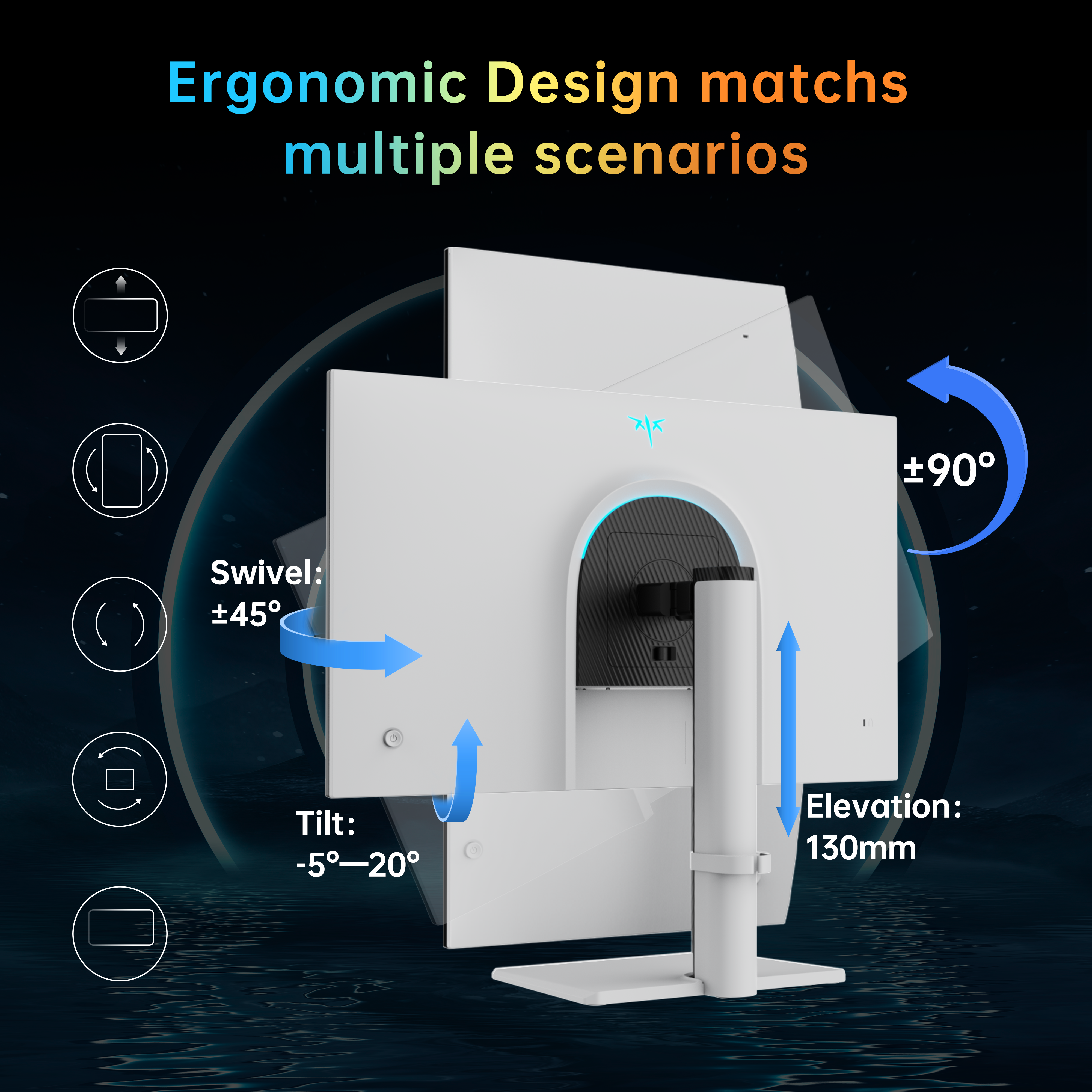 KTC gaming monitor ergonomic design, featuring adjustable swivel, tilt, and elevation for optimal esports and gaming setup.