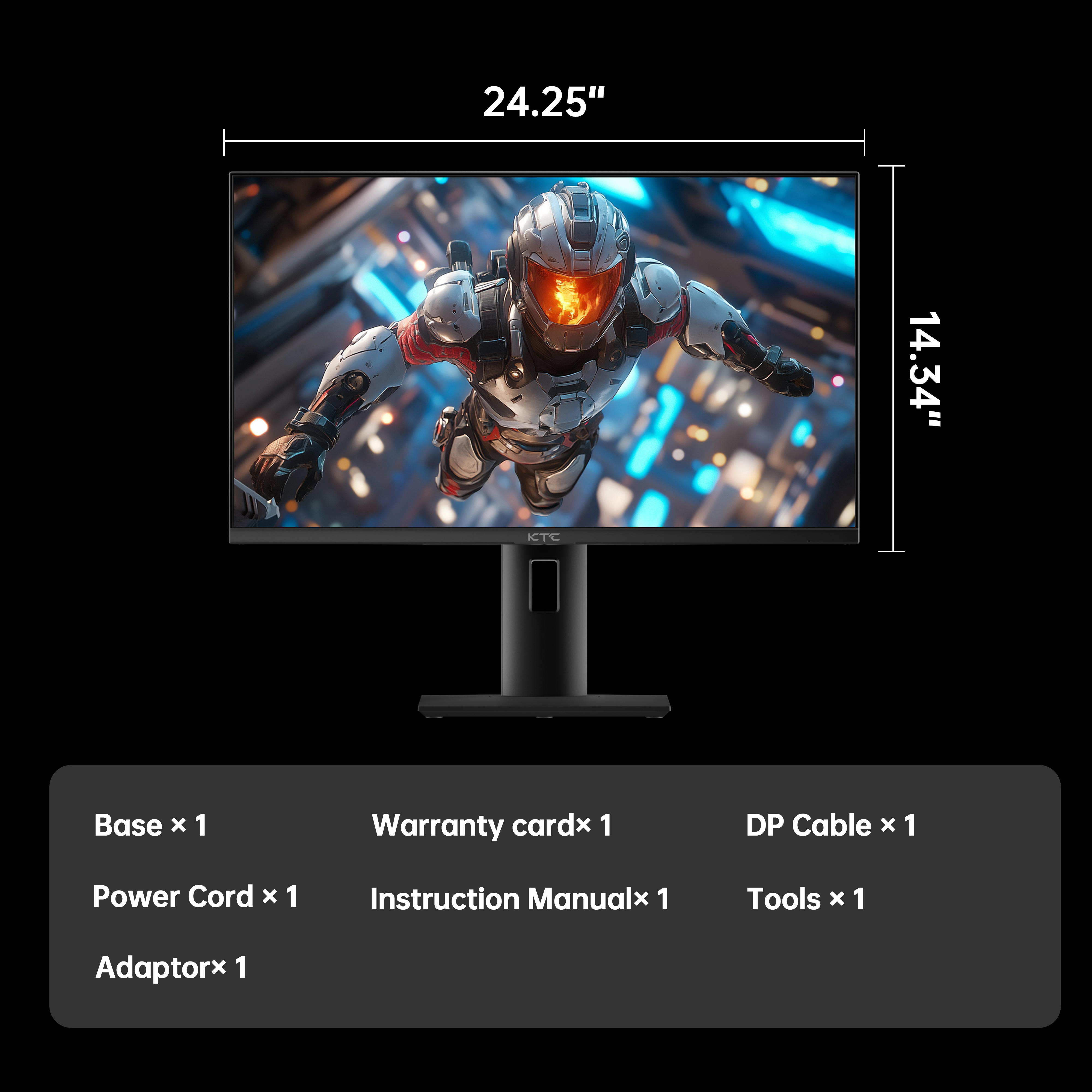 KTC 27" 4K Gaming Monitor showing dimensions and included accessories like base, power cord, and DP cable for esports.