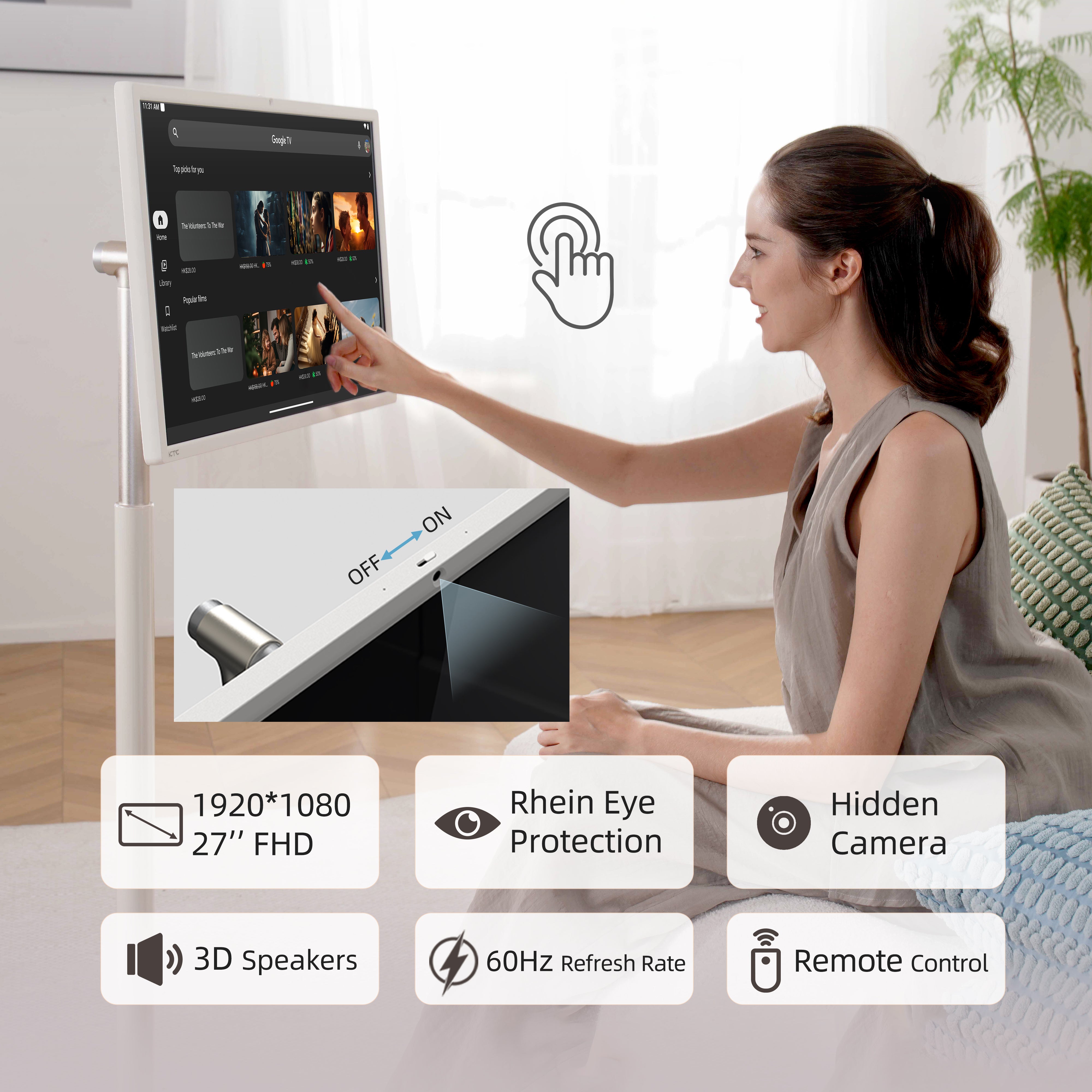 KTC 27" 1080P Touch Screen Monitor with Google TV, white design, user interacting with the screen