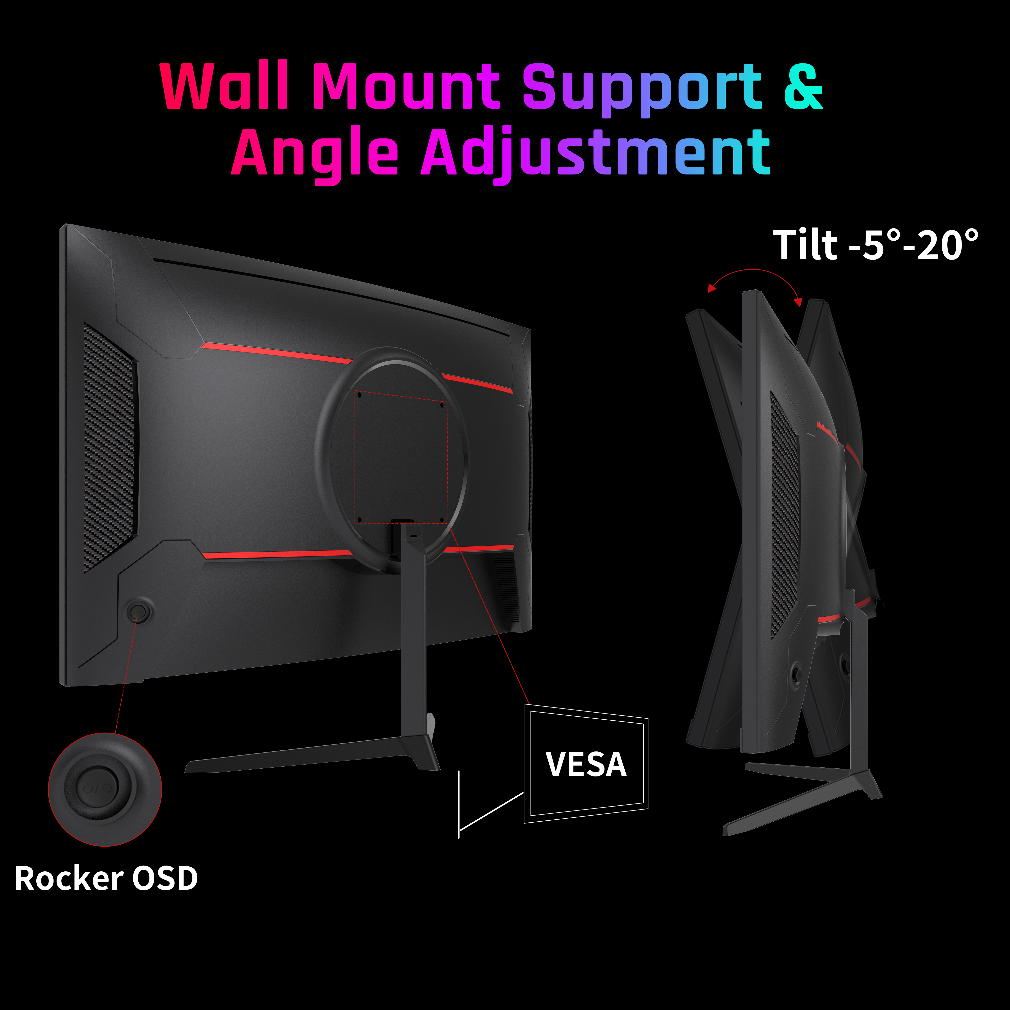 KTC 24" gaming monitor with wall mount support, angle adjustment from -5掳 to 20掳, VESA compatible, and Rocker OSD controls.
