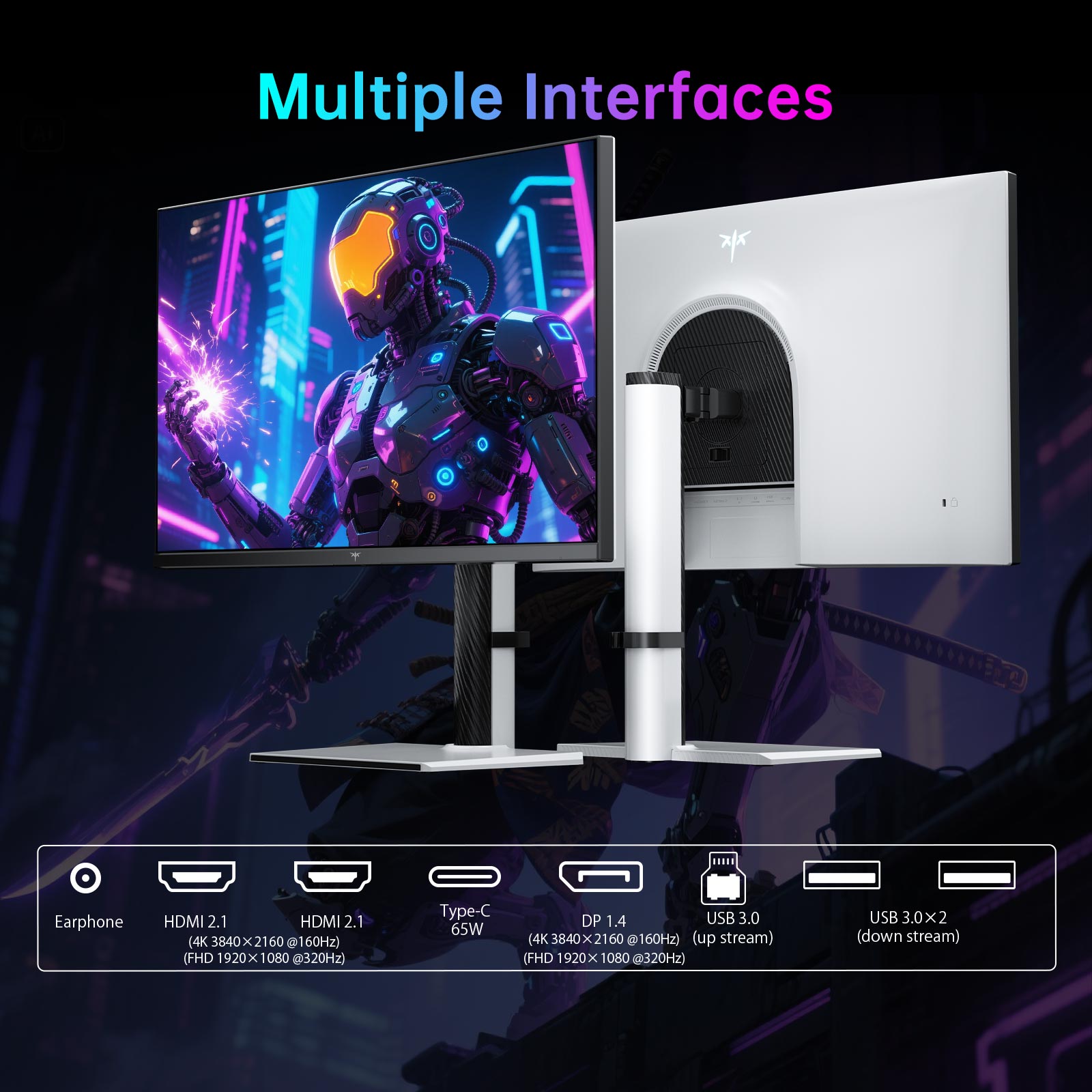 Monitor with multiple interfaces displayed on a dark background