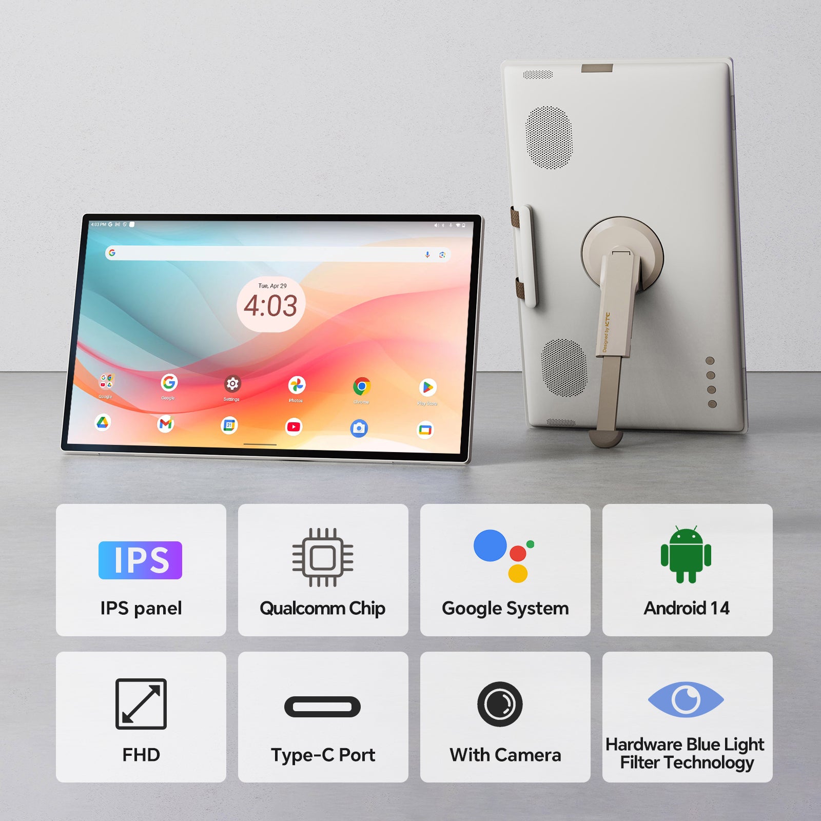 KTC 25" Portable Touch Screen Monitor showcasing Google EDLA features: IPS panel, Qualcomm chip, Android 14, and more.
