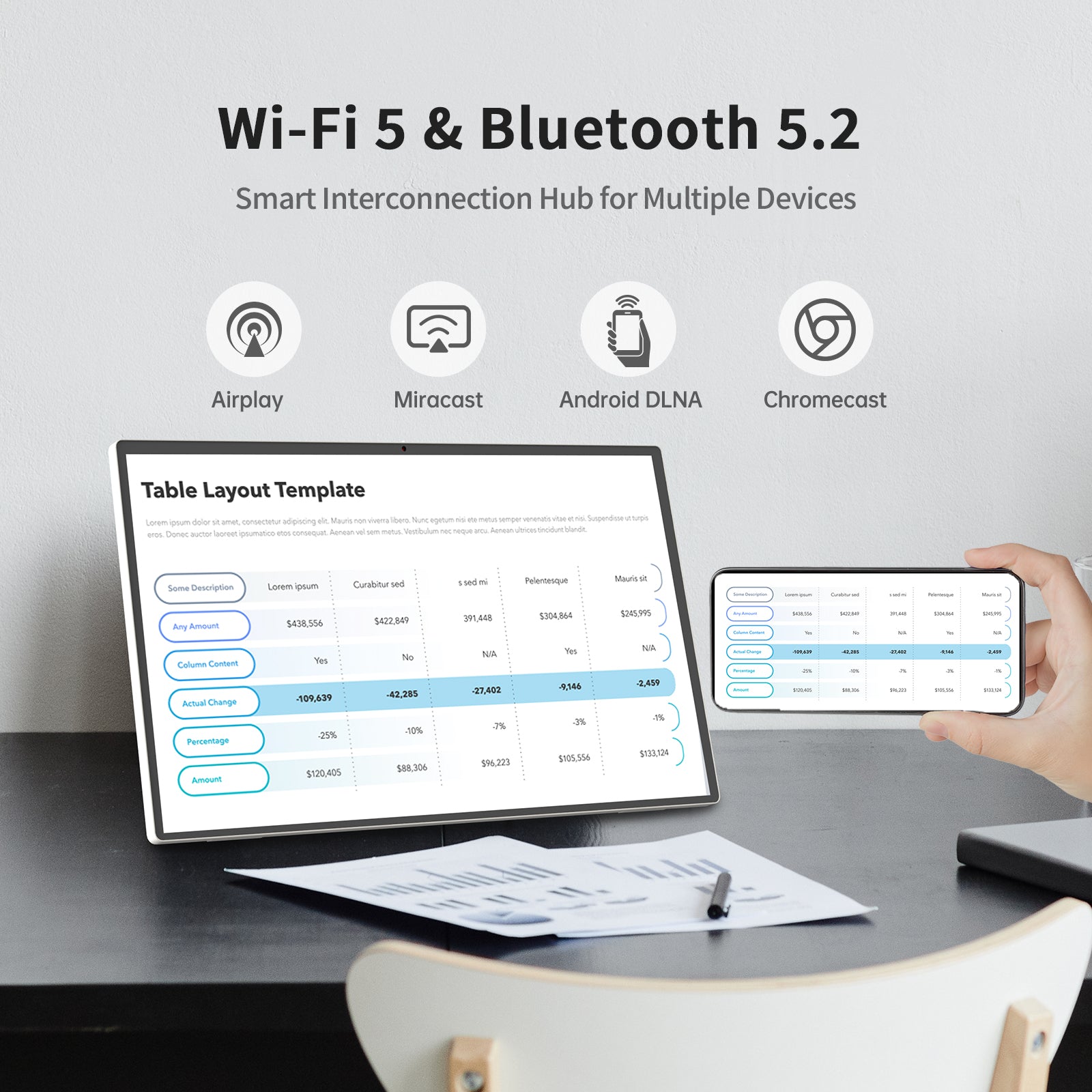KTC 25" portable monitor with Wi-Fi 5 and Bluetooth 5.2 connectivity options: Airplay, Miracast, Android DLNA, Chromecast