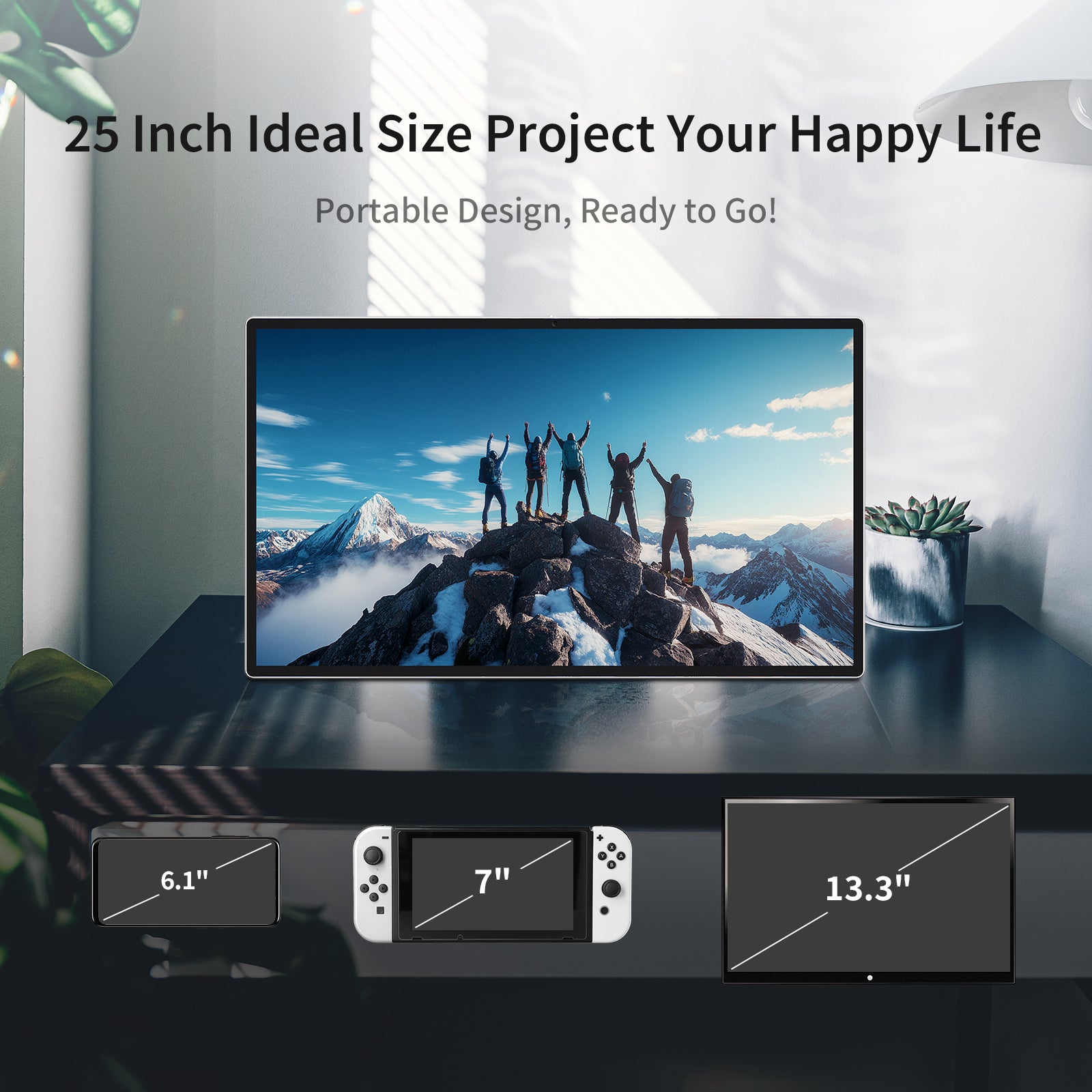 KTC 25-inch portable monitor showing ideal size for happy life, ready to go, alongside smaller screens for size comparison