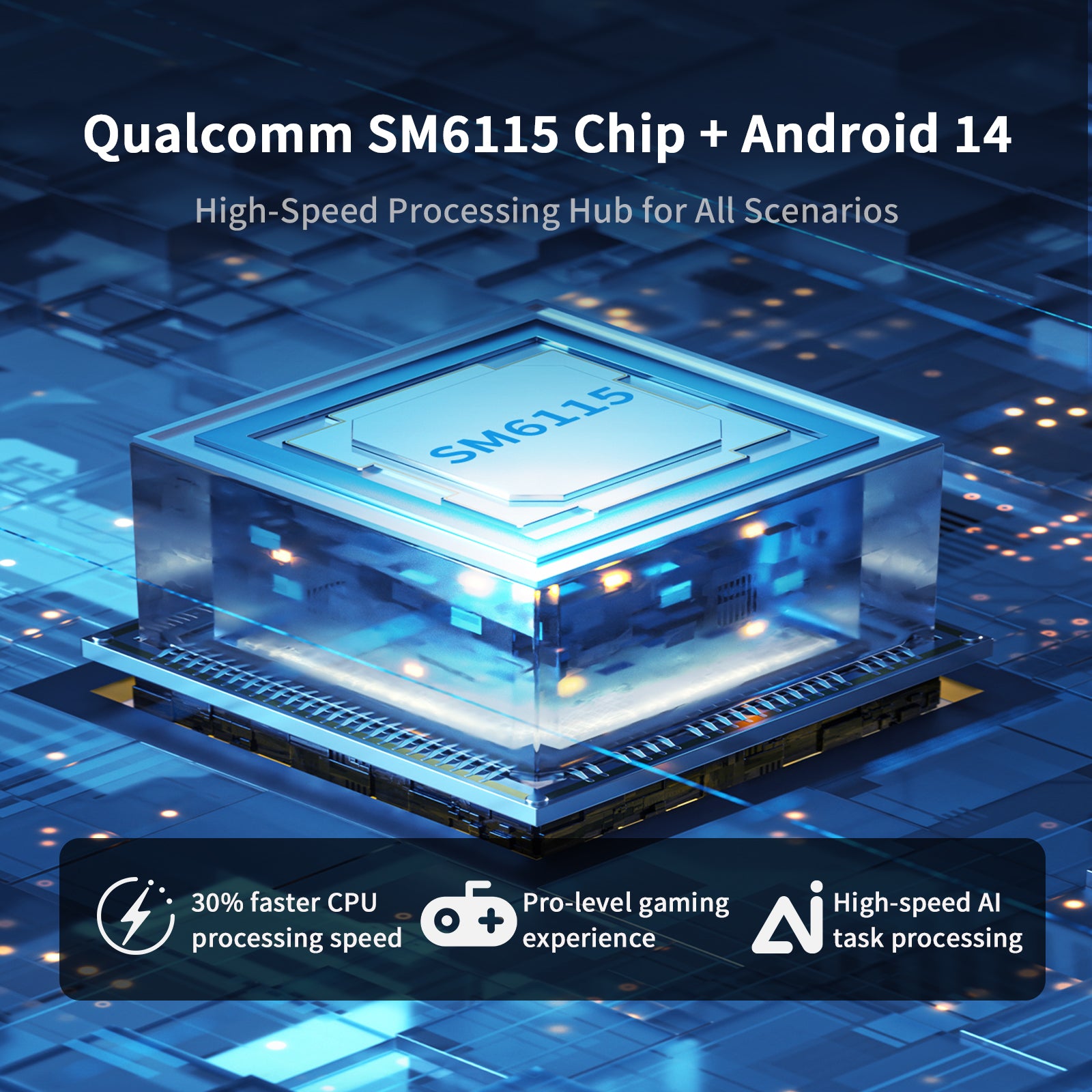 KTC 25" Portable Monitor features: Qualcomm SM6115 Chip with Android 14, fast CPU processing for gaming and AI tasks.