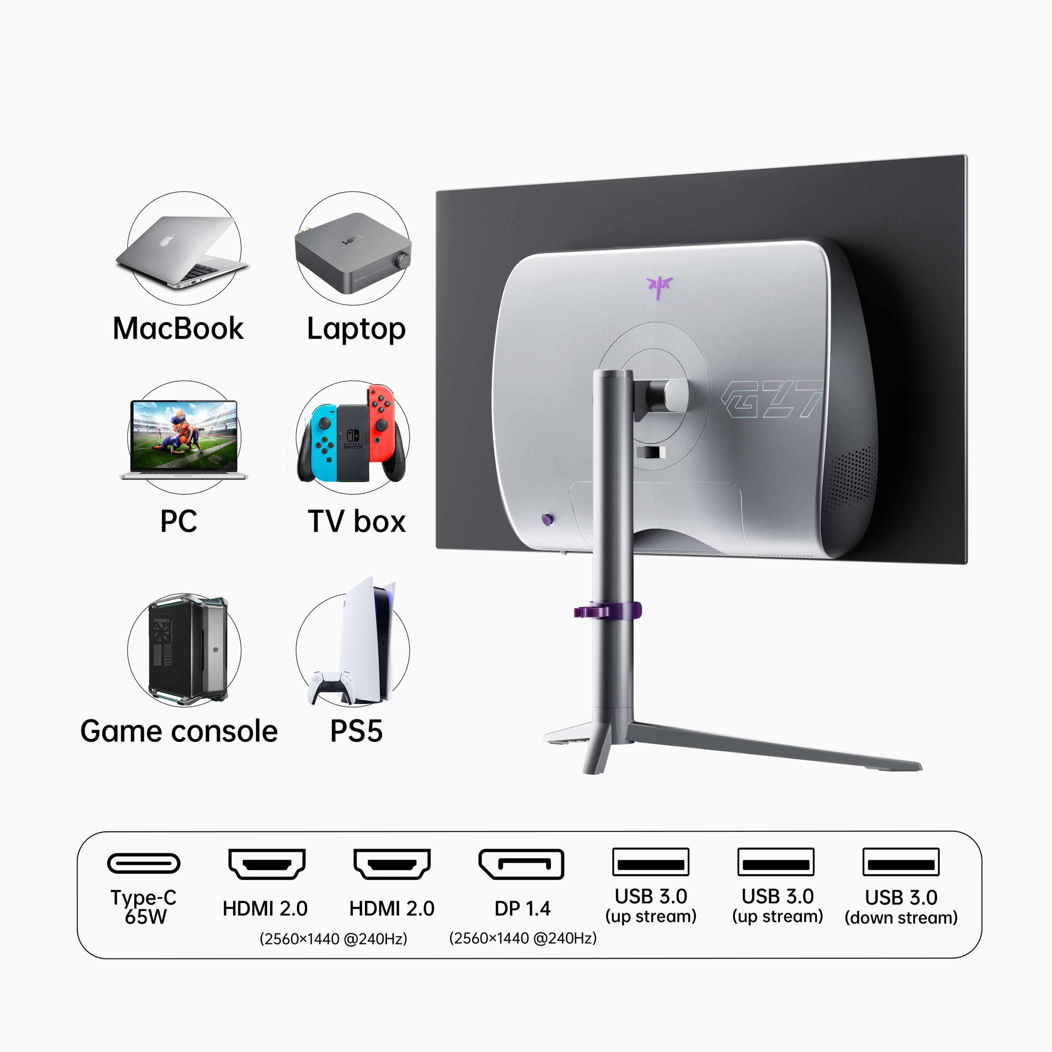 KTC 27" OLED Gaming Monitor with multiple connection devices, features Type-C, HDMI, USB ports.