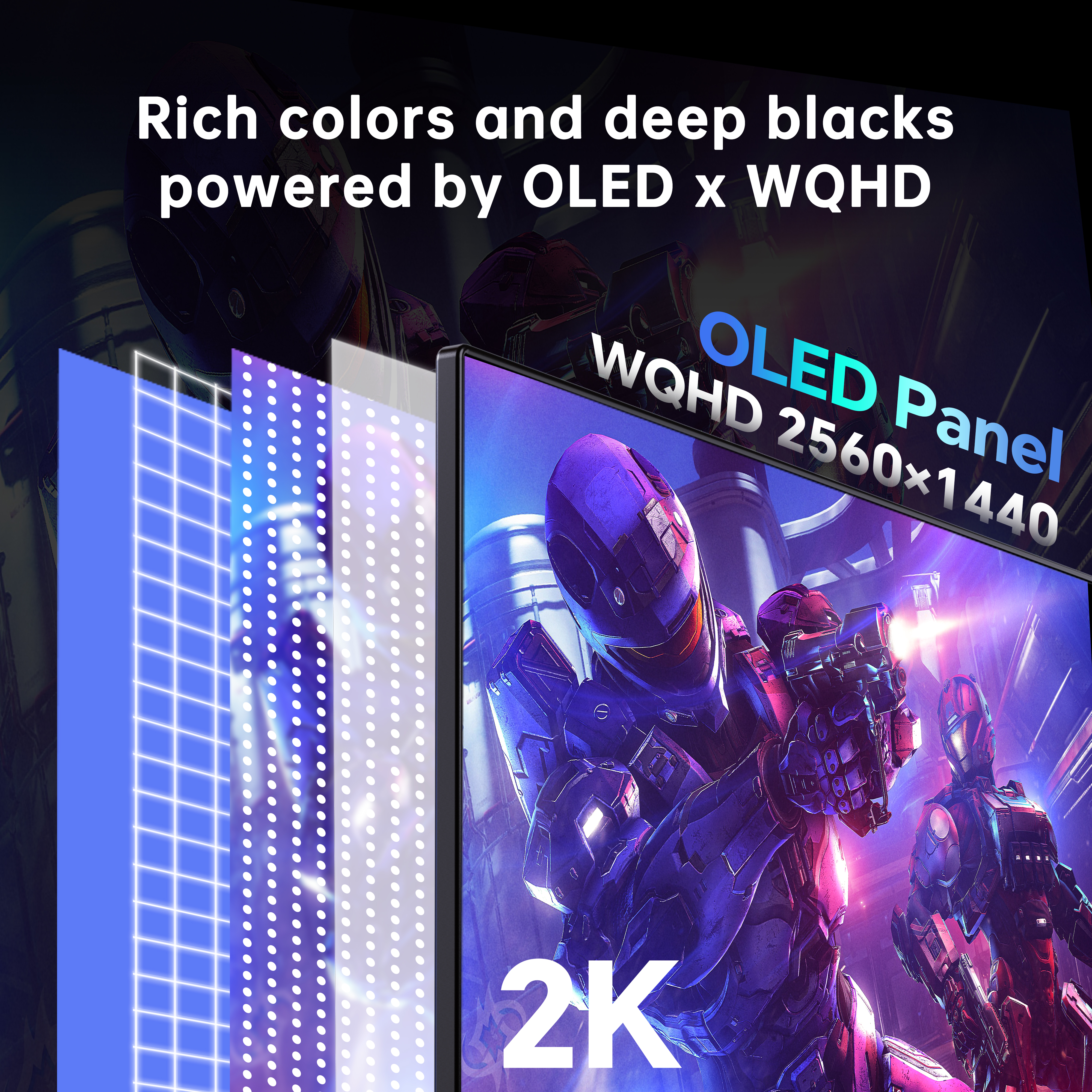 KTC OLED gaming monitor displaying vibrant colors and deep blacks powered by OLED, 2560x1440 WQHD resolution, 2K.