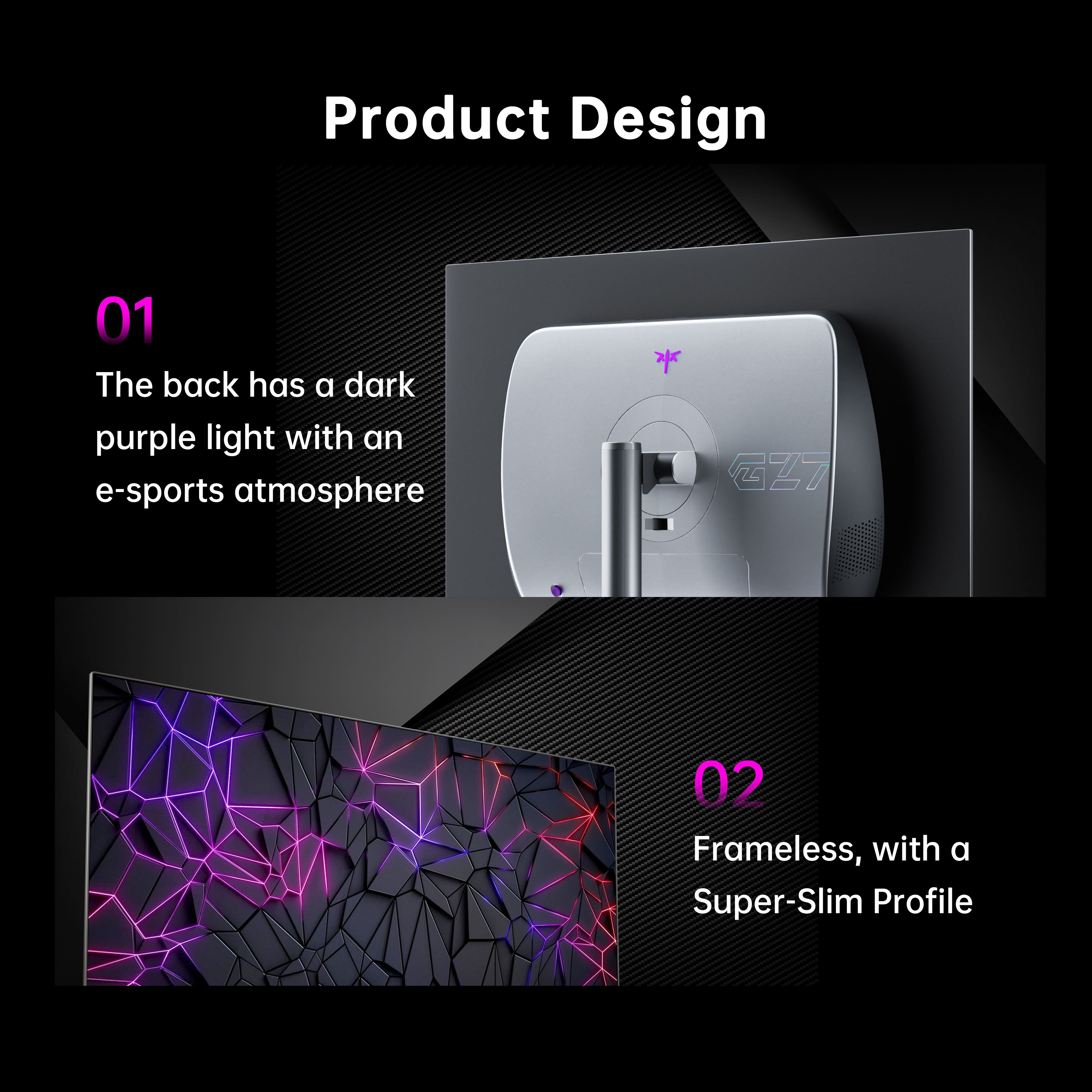 KTC OLED gaming monitor product design: e-sports backlighting and frameless, super-slim profile, for immersive visuals