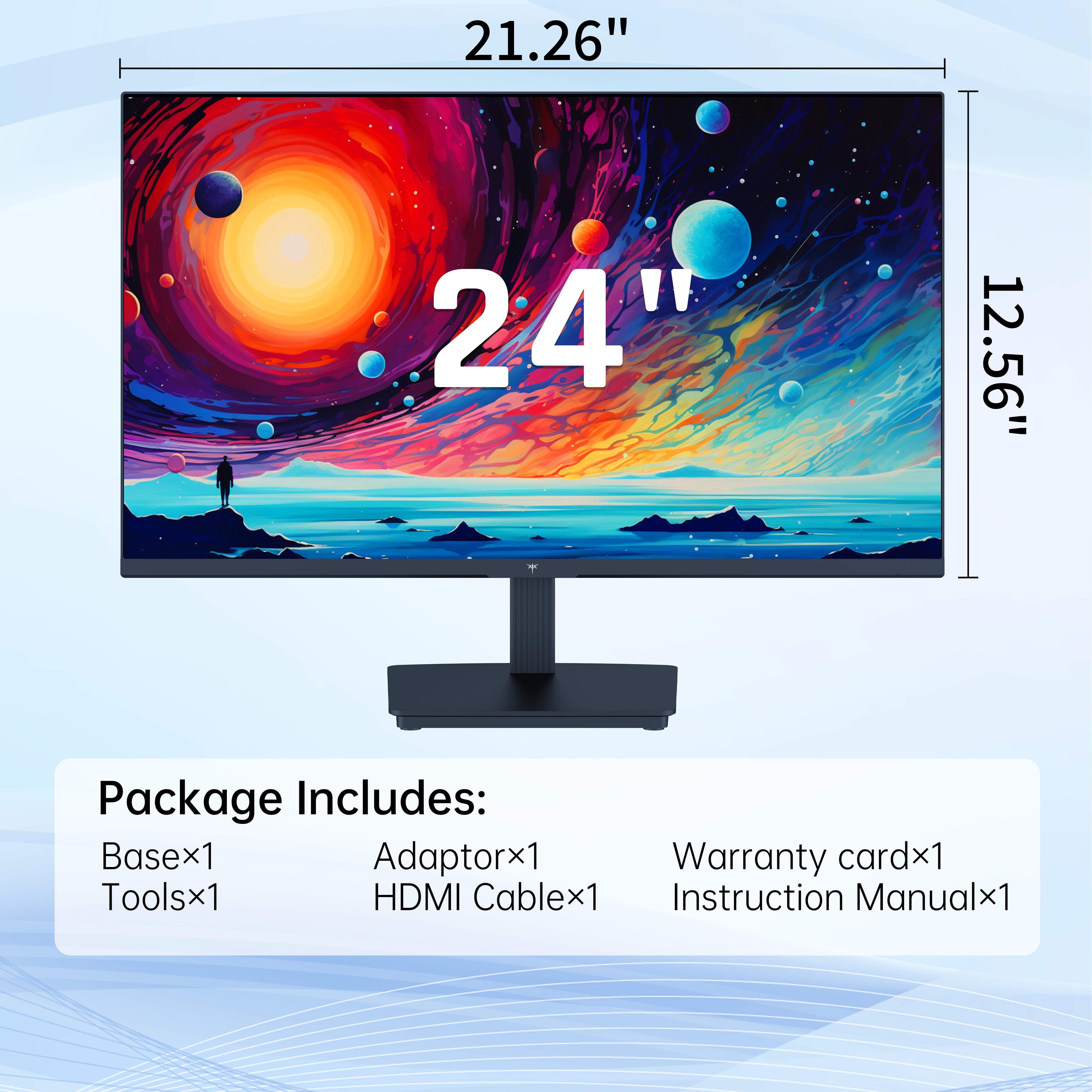 KTC 24-inch monitor product image showcasing dimensions and included accessories for home office setup