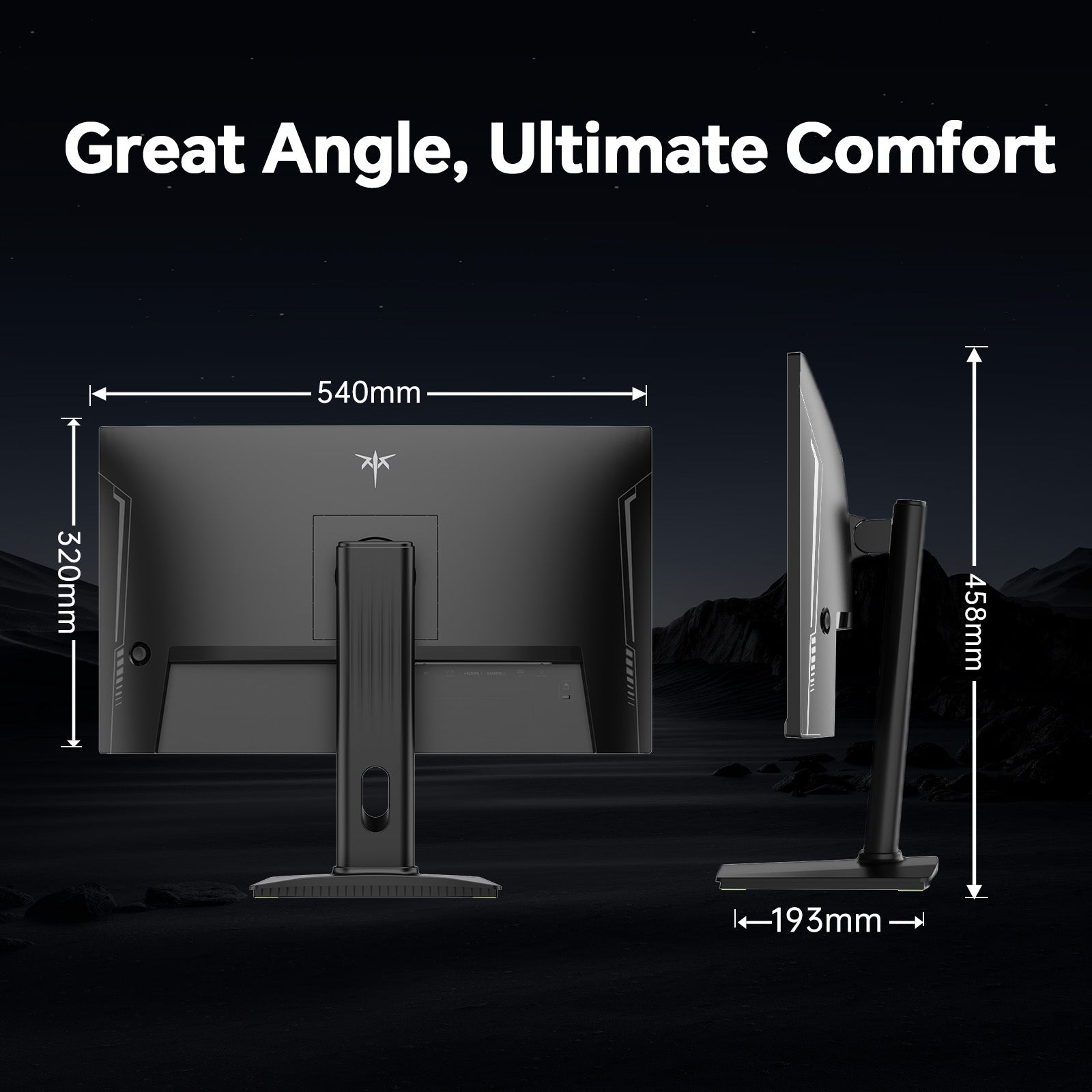 KTC 24-inch gaming monitor dimensions, showcasing ergonomic design for ultimate comfort and viewing angles for esports.