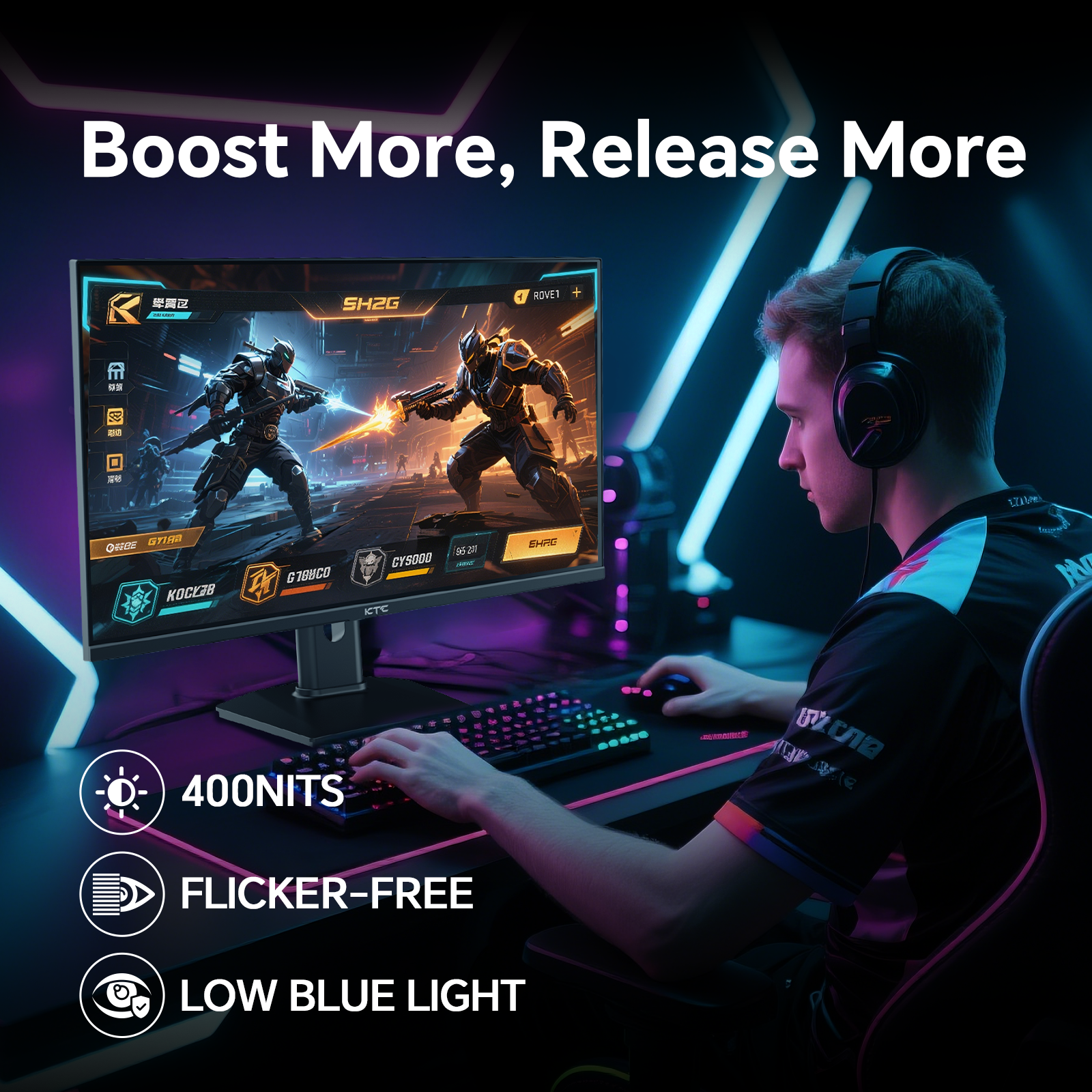 KTC 24-inch gaming monitor with 400NITS, Flicker-Free, and Low Blue Light, enhancing the esports gaming experience.