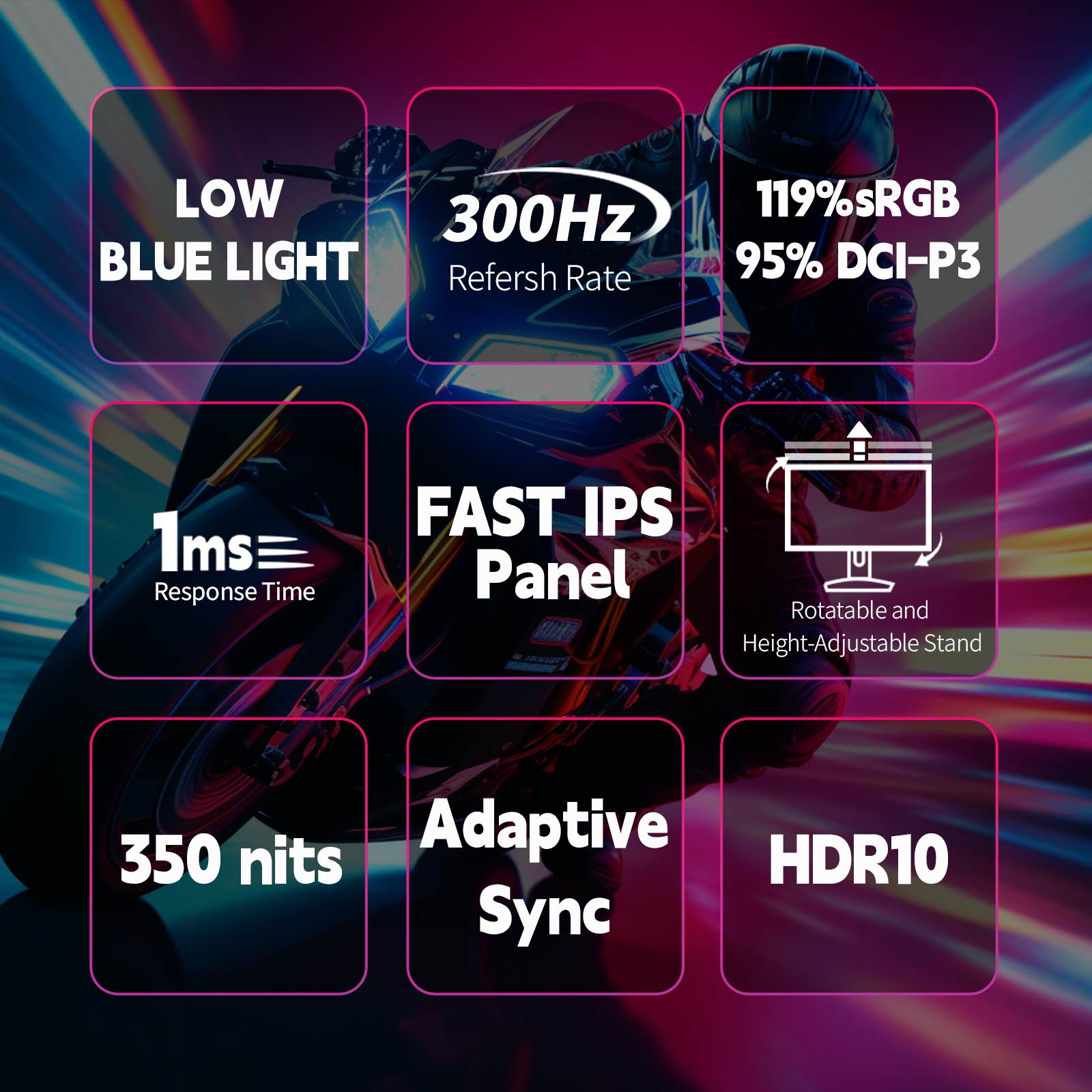 Display of monitor specifications with colorful abstract background