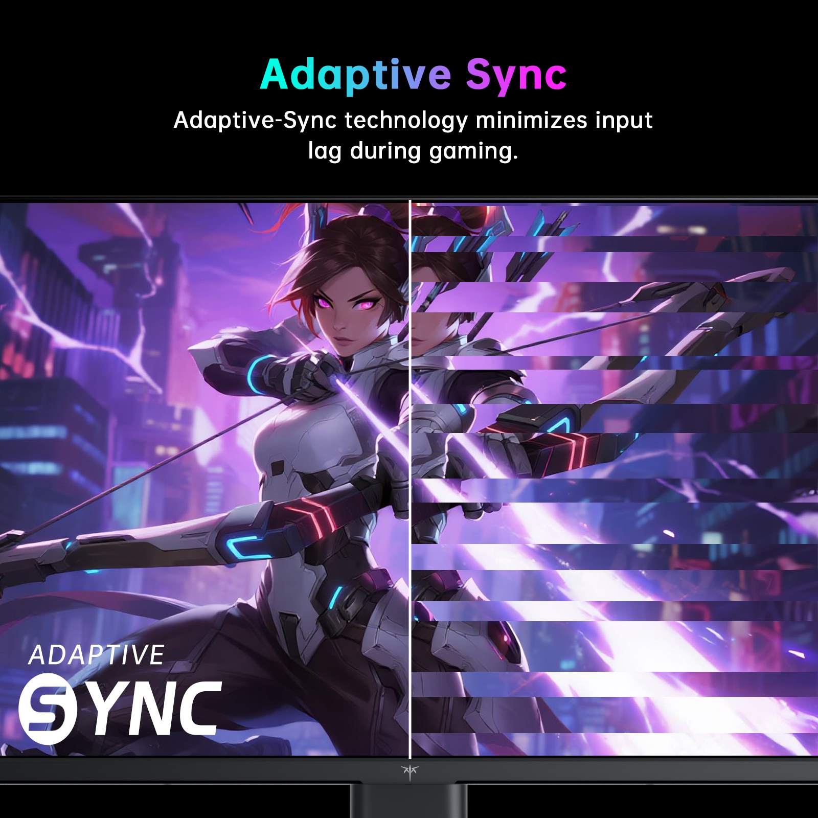 Gaming monitor with a character and Adaptive Sync technology text