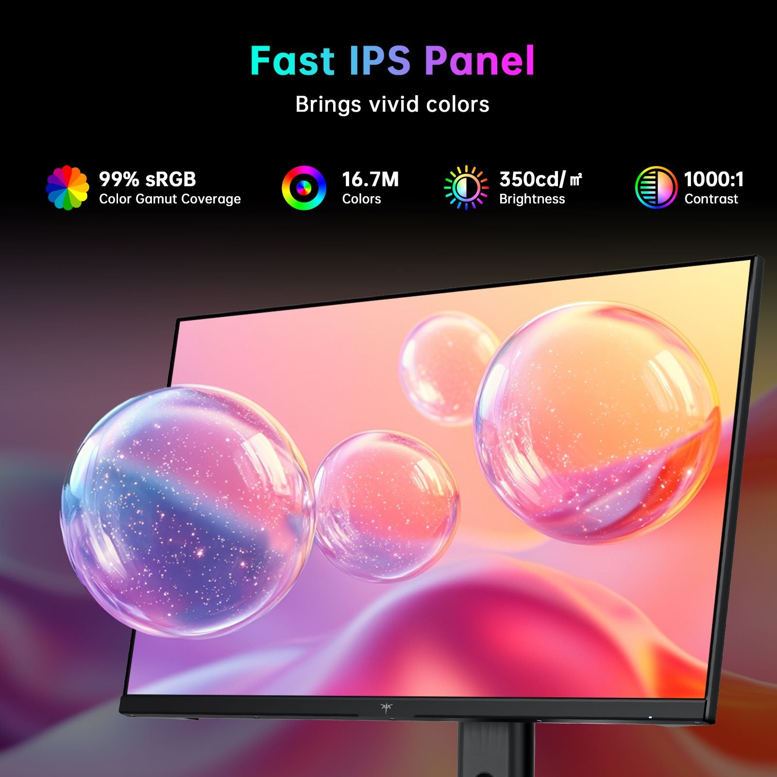 Monitor with colorful display and text highlighting Fast IPS Panel features.