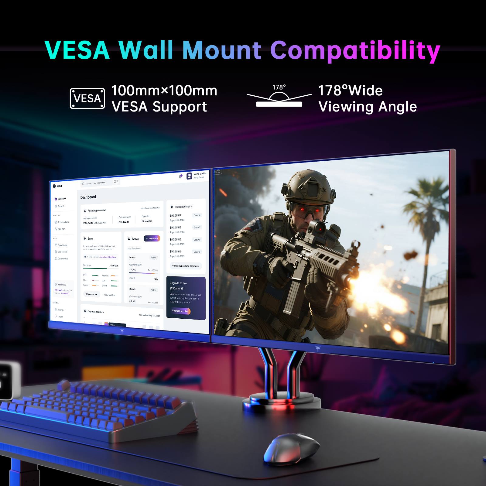 Monitor with VESA wall mount compatibility features displayed on screen