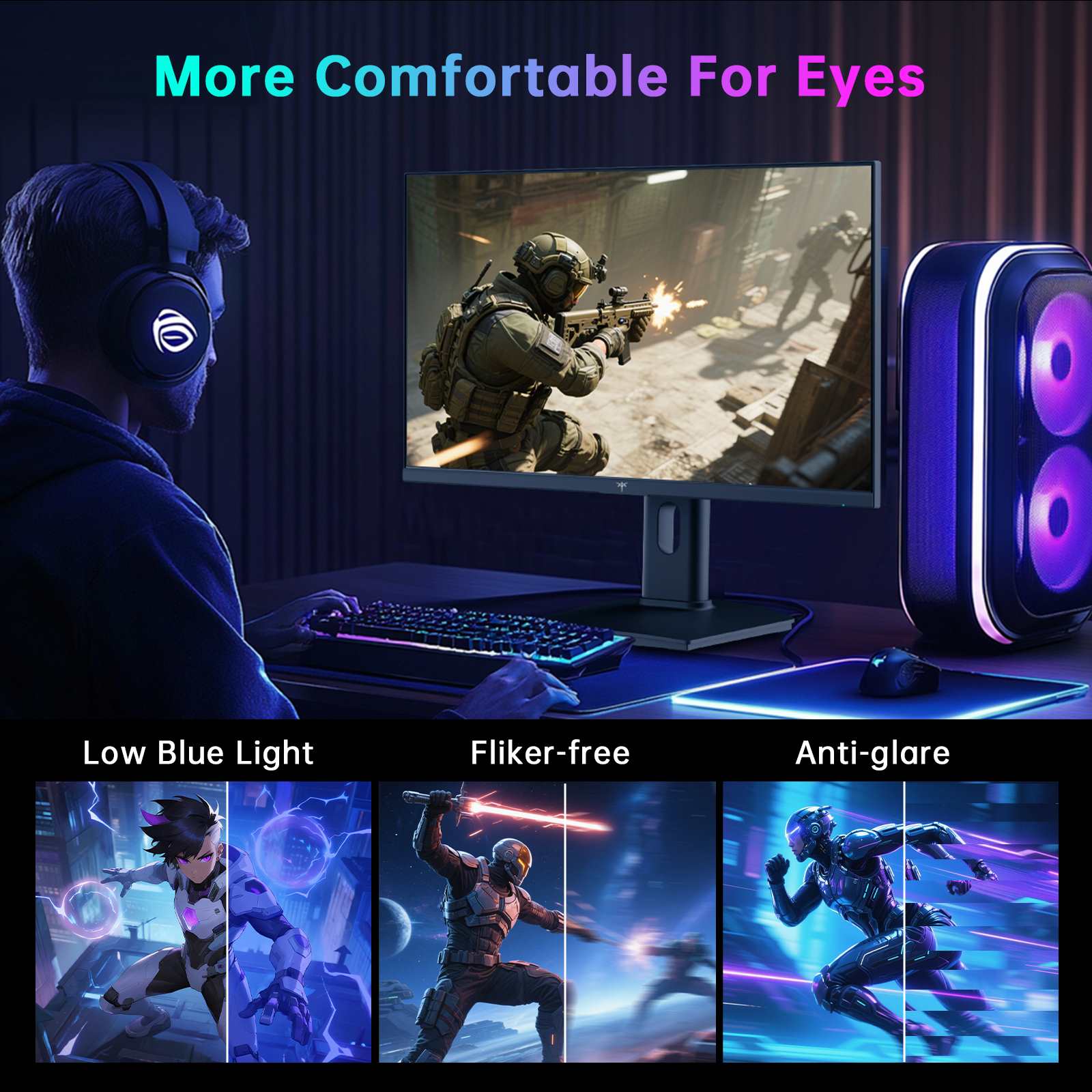 Person playing a game on a computer setup with gaming accessories, emphasizing eye comfort features.