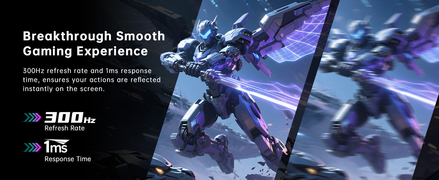 Gaming monitor with a robot illustration and text about gaming experience and refresh rate.