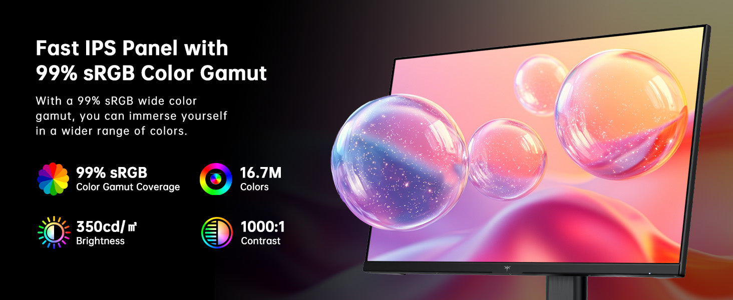 Monitor with colorful display and text about color gamut and specifications.