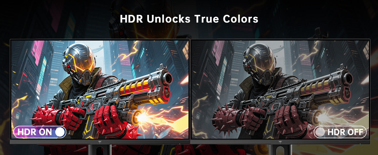 Comparison of HDR on and off on a monitor displaying a character with a gun.