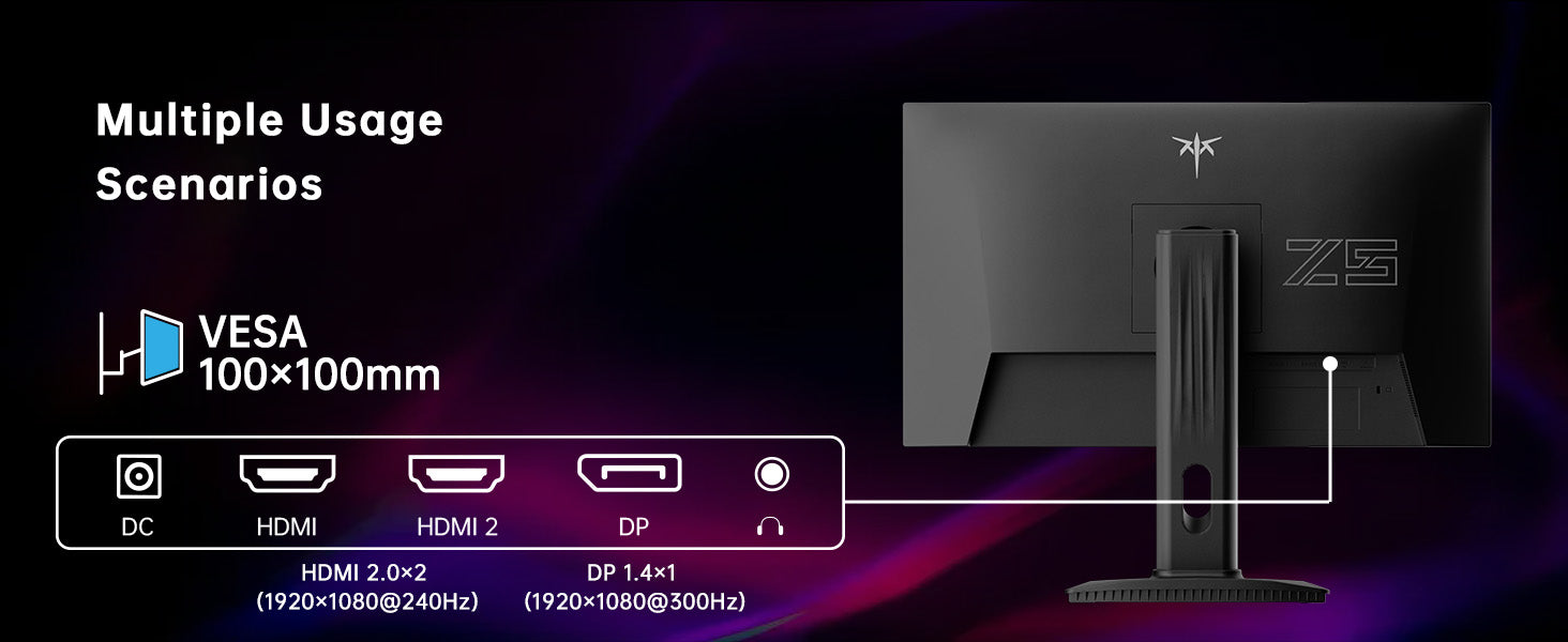 Monitor with VESA certification and connectivity options on a dark background