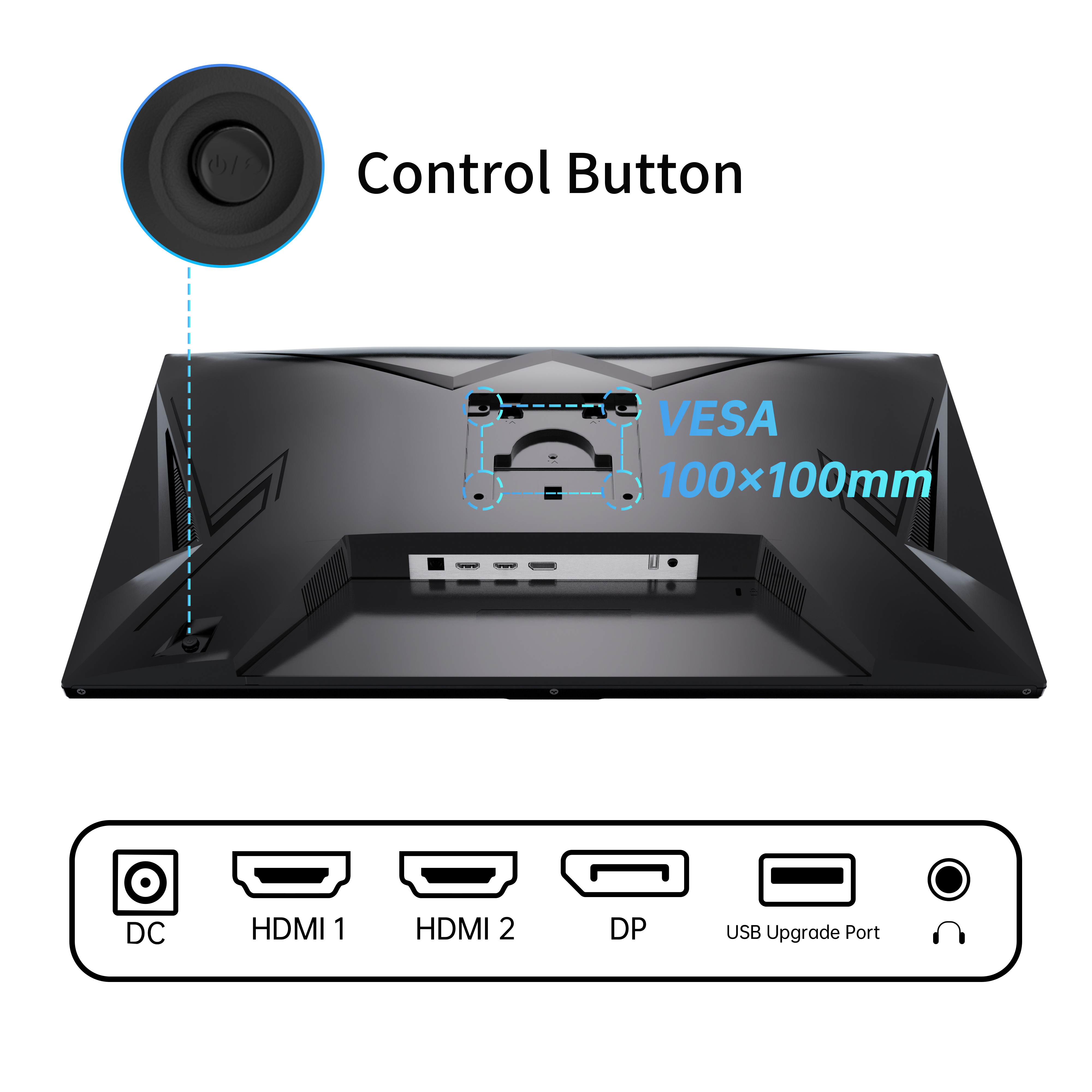 KTC gaming monitor rear view, featuring VESA mount and connectivity ports