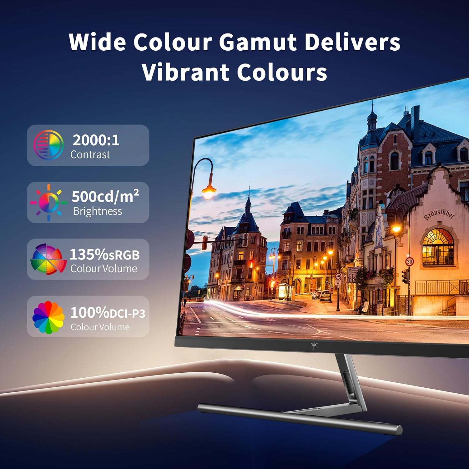 Monitor displaying a cityscape with color gamut specifications on a blue background