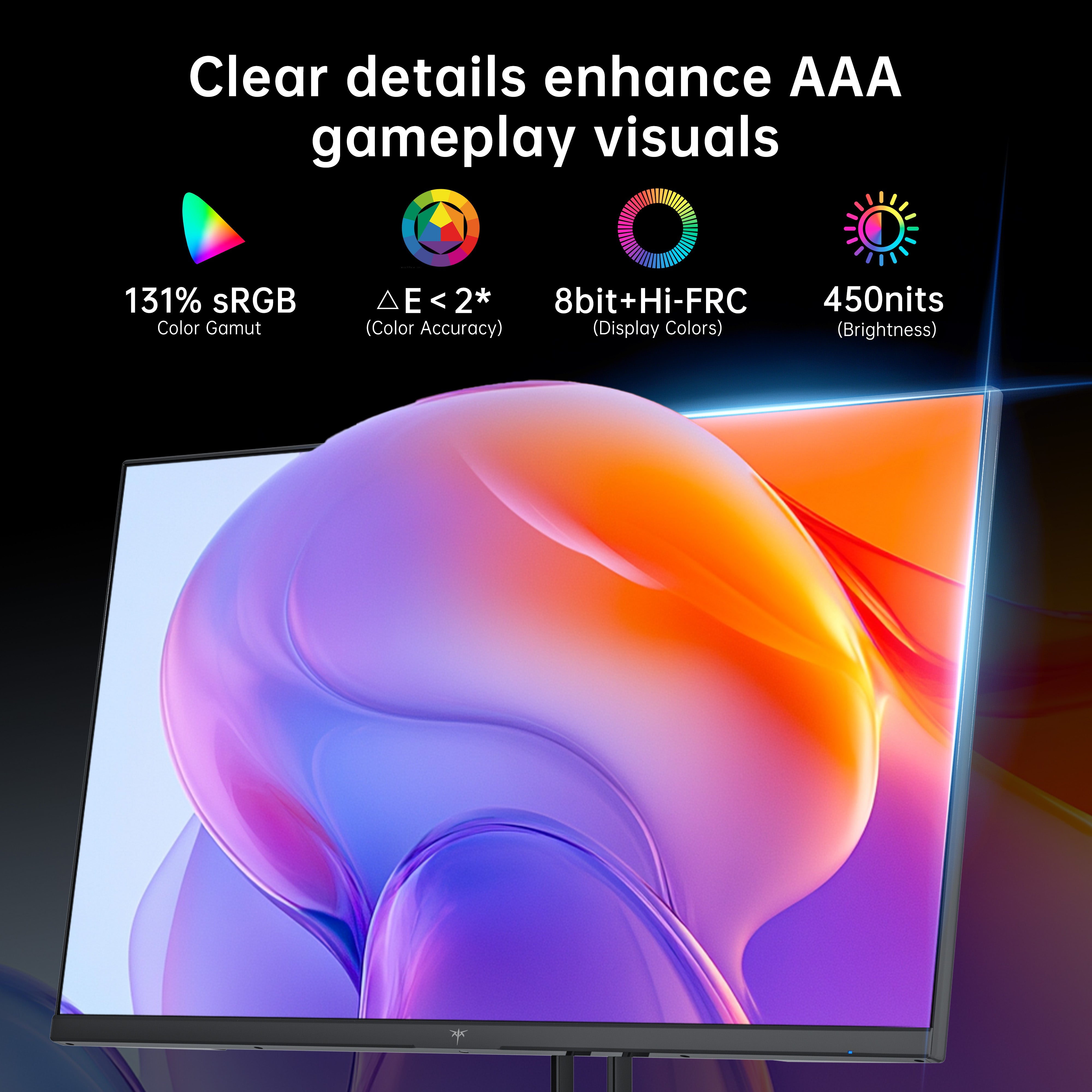 KTC 27" gaming monitor with vibrant display, featuring 131% sRGB, 8bit+Hi-FRC, and 450nits for enhanced gameplay visuals.