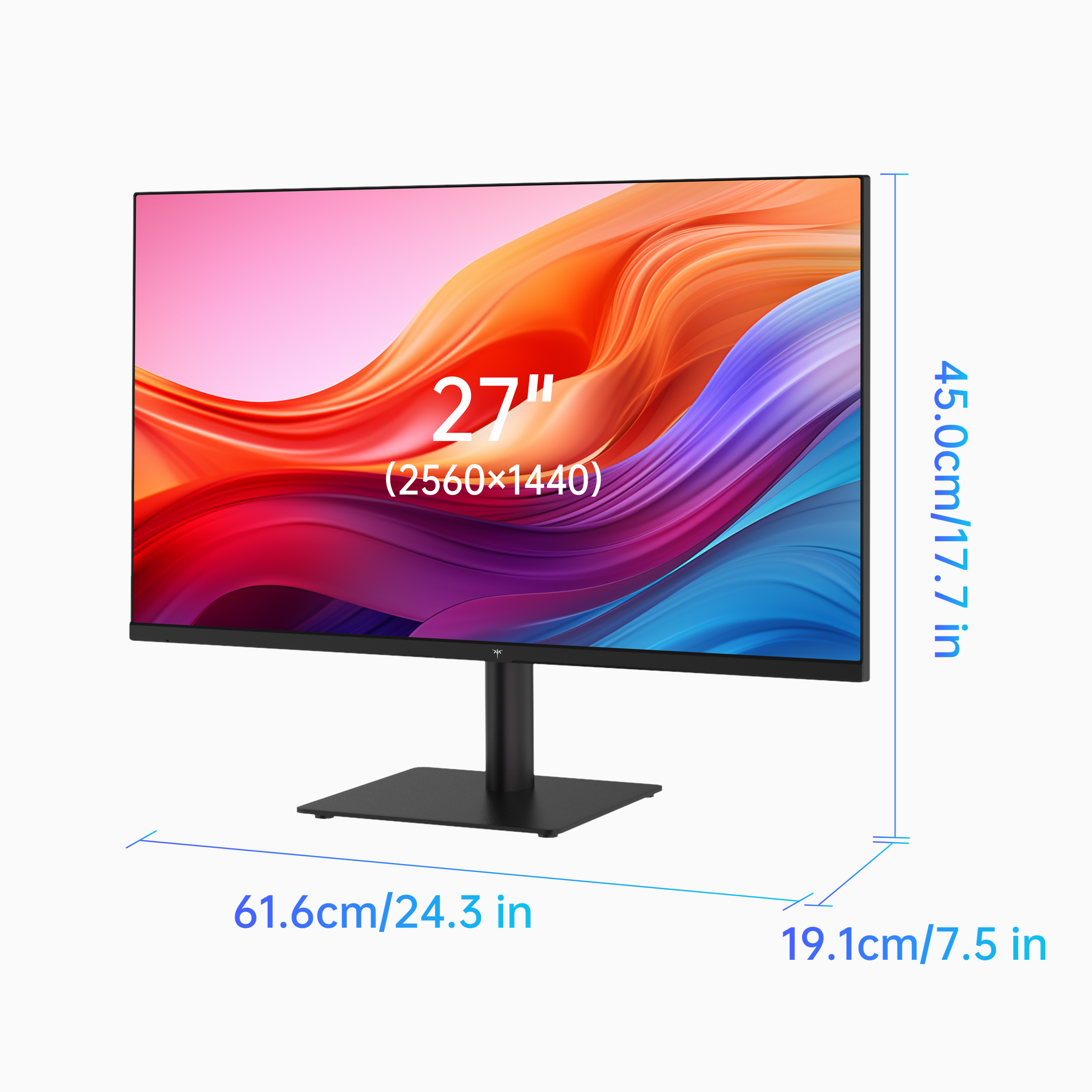 KTC 27-inch 2K IPS monitor displaying dimensions and design, perfect for home office