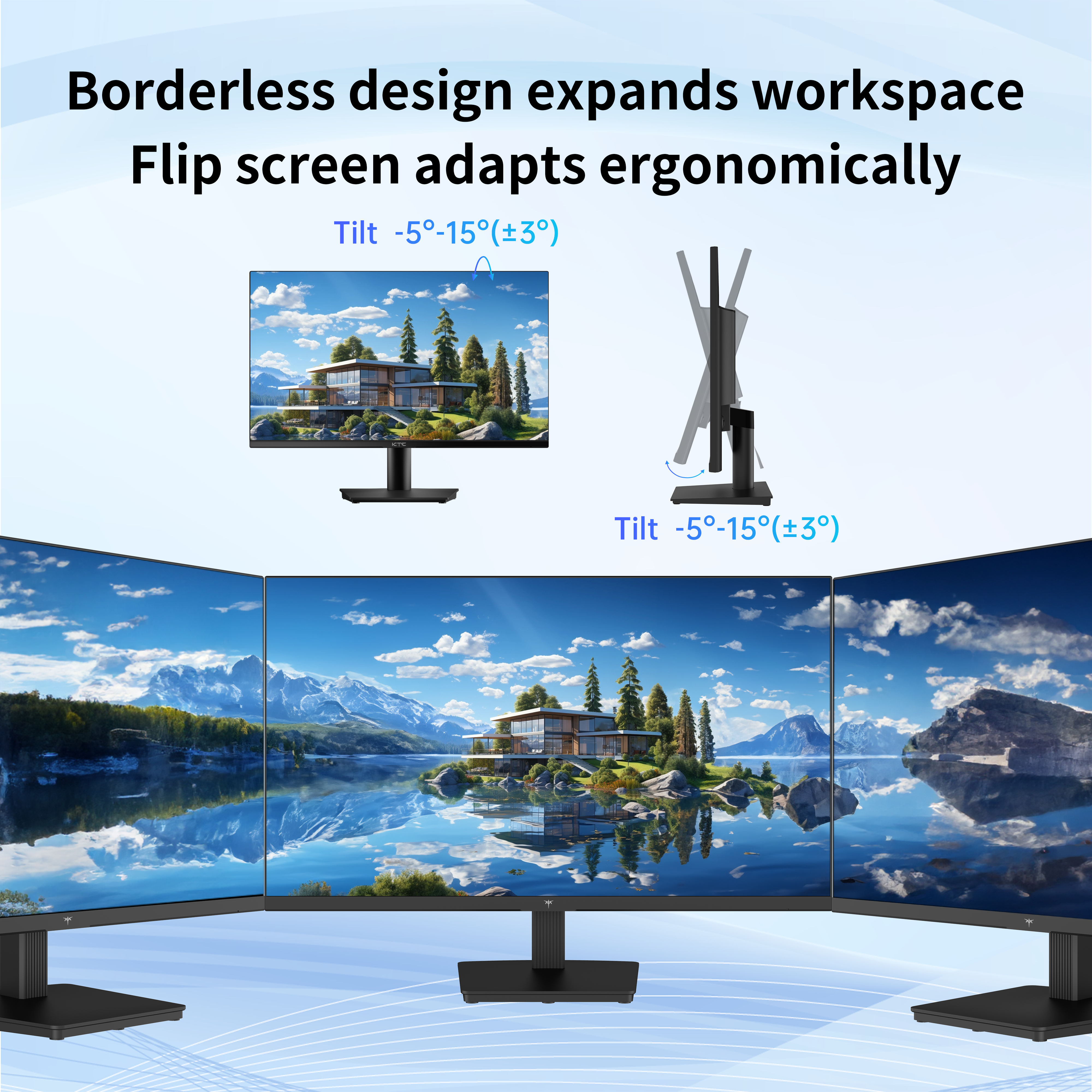 KTC monitor with borderless design and ergonomic flip screen, ideal for home office setup.