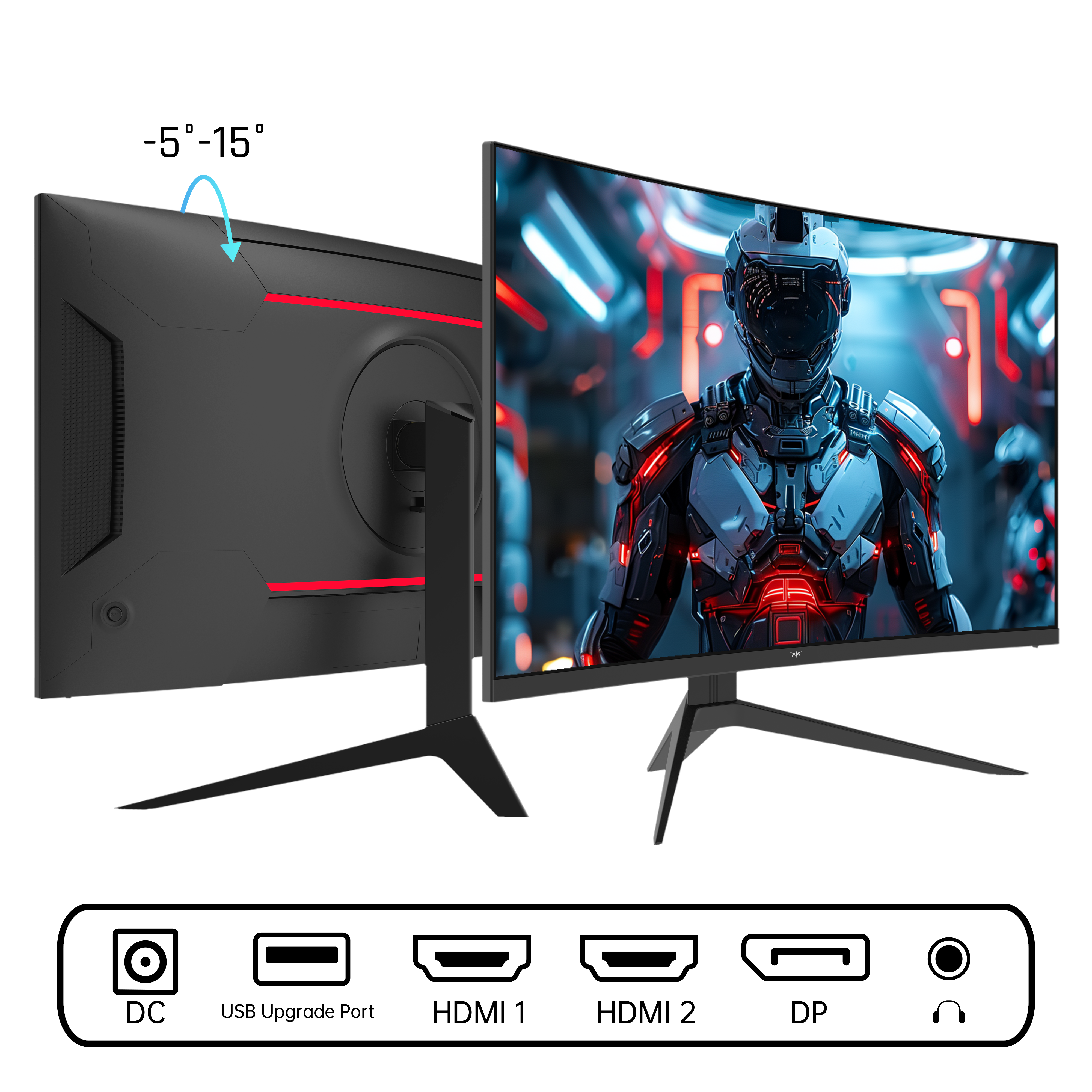 KTC 32 inch Curved Gaming Monitor featuring a futuristic robot scene, sleek design, and red LED accents for esports players.