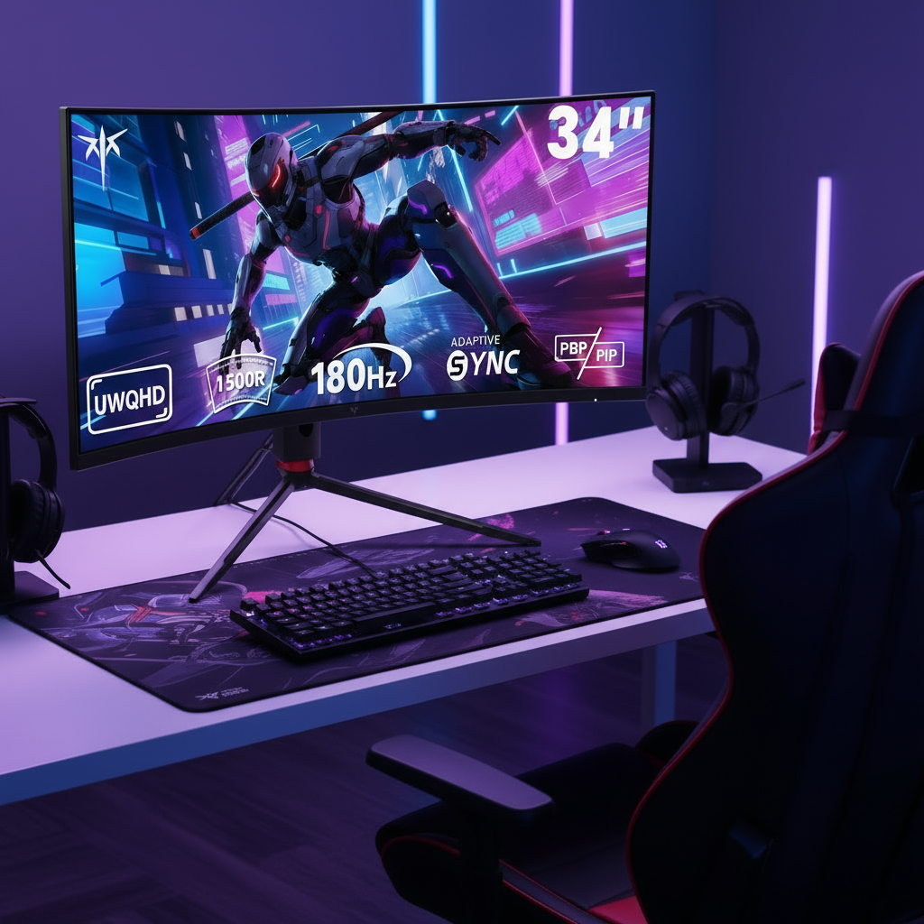 Gaming setup with a monitor displaying a superhero graphic, keyboard, mouse, and gaming chair in a dimly lit room.