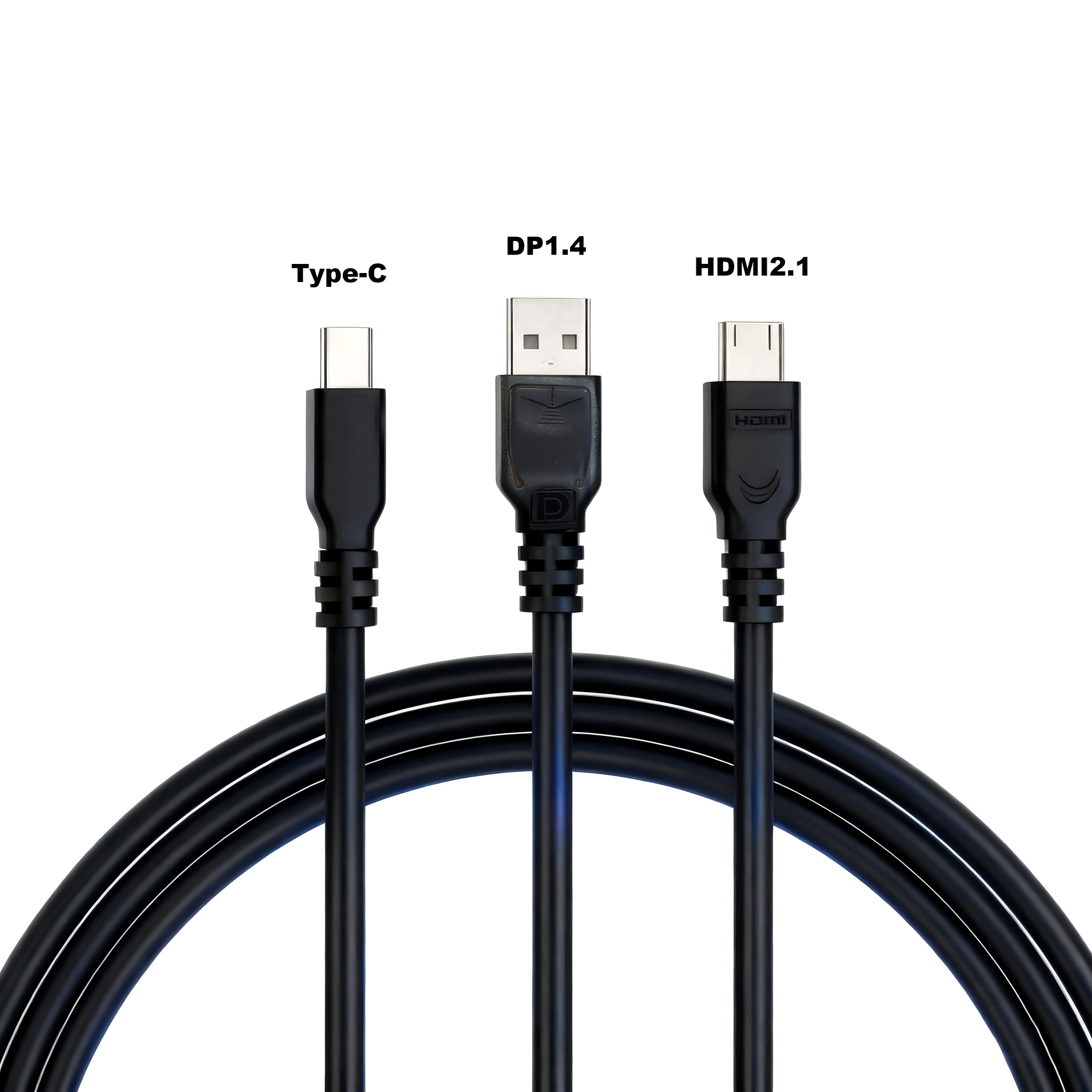Three different types of cables with connectors labeled Type-C, DP1.4, and HDMI2.1