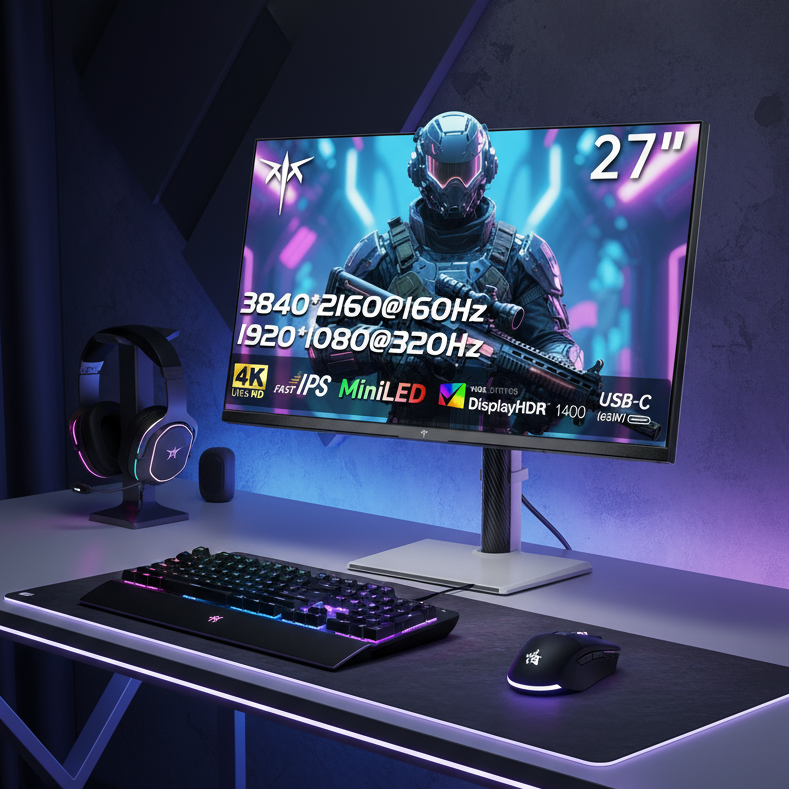 Gaming setup with monitor, keyboard, and mouse on a desk