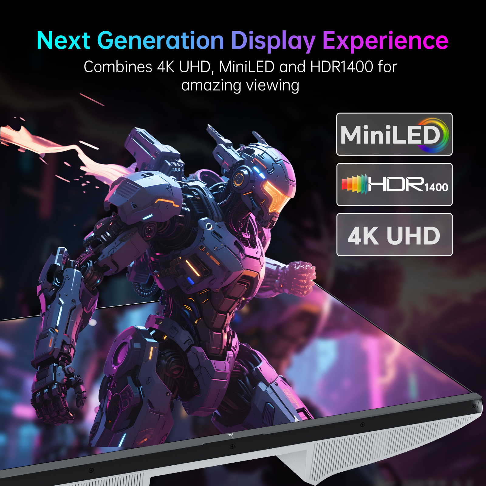 KTC Mini LED gaming monitor showcasing Next Generation Display with 4K UHD, MiniLED, HDR1400 for amazing viewing