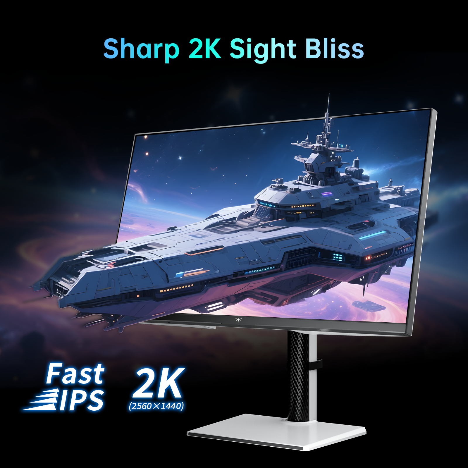 KTC 27" Gaming Monitor with Sharp 2K Resolution displaying a spaceship, fast IPS technology