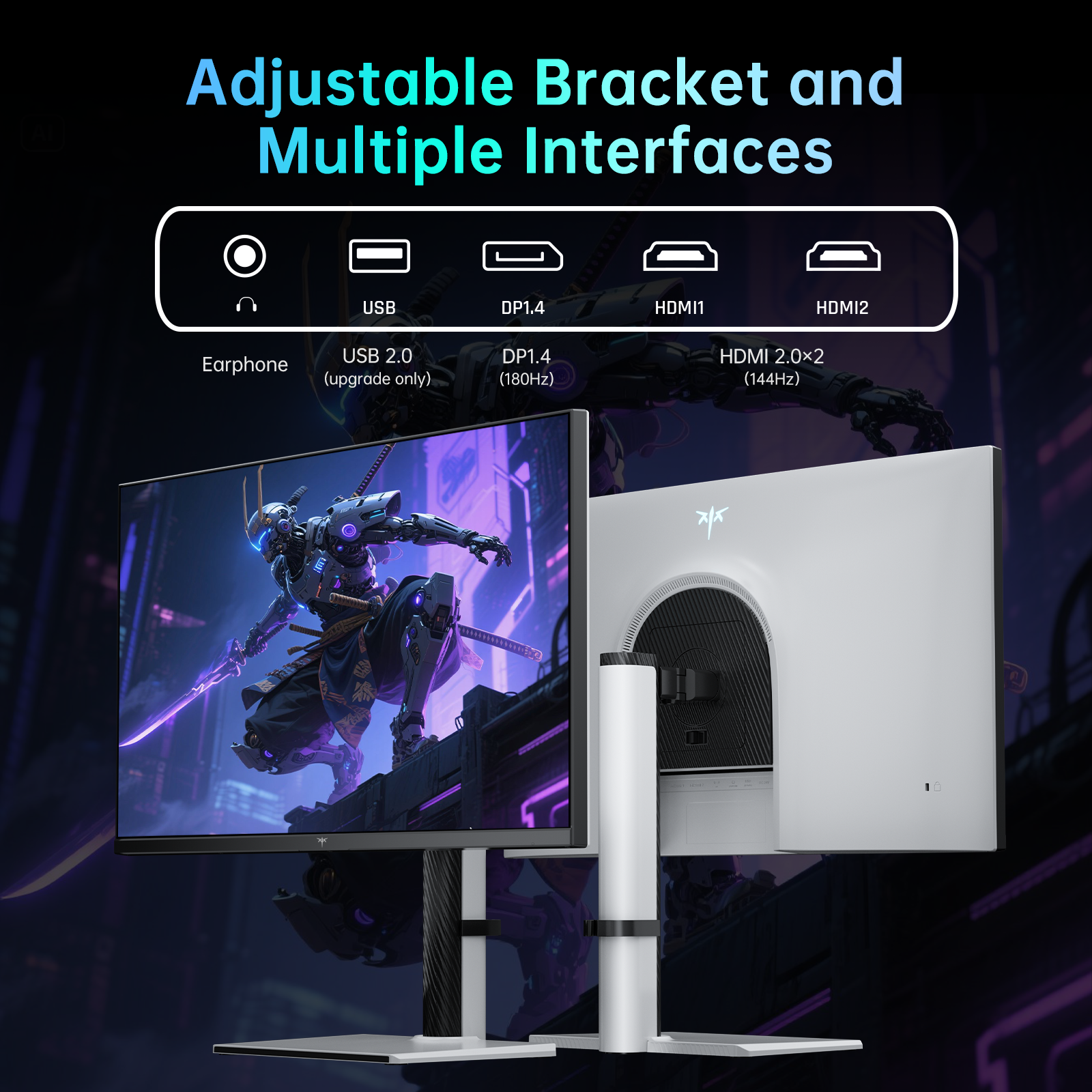 KTC gaming monitor with adjustable bracket. Features USB, DP1.4, and HDMI ports. White, futuristic design.