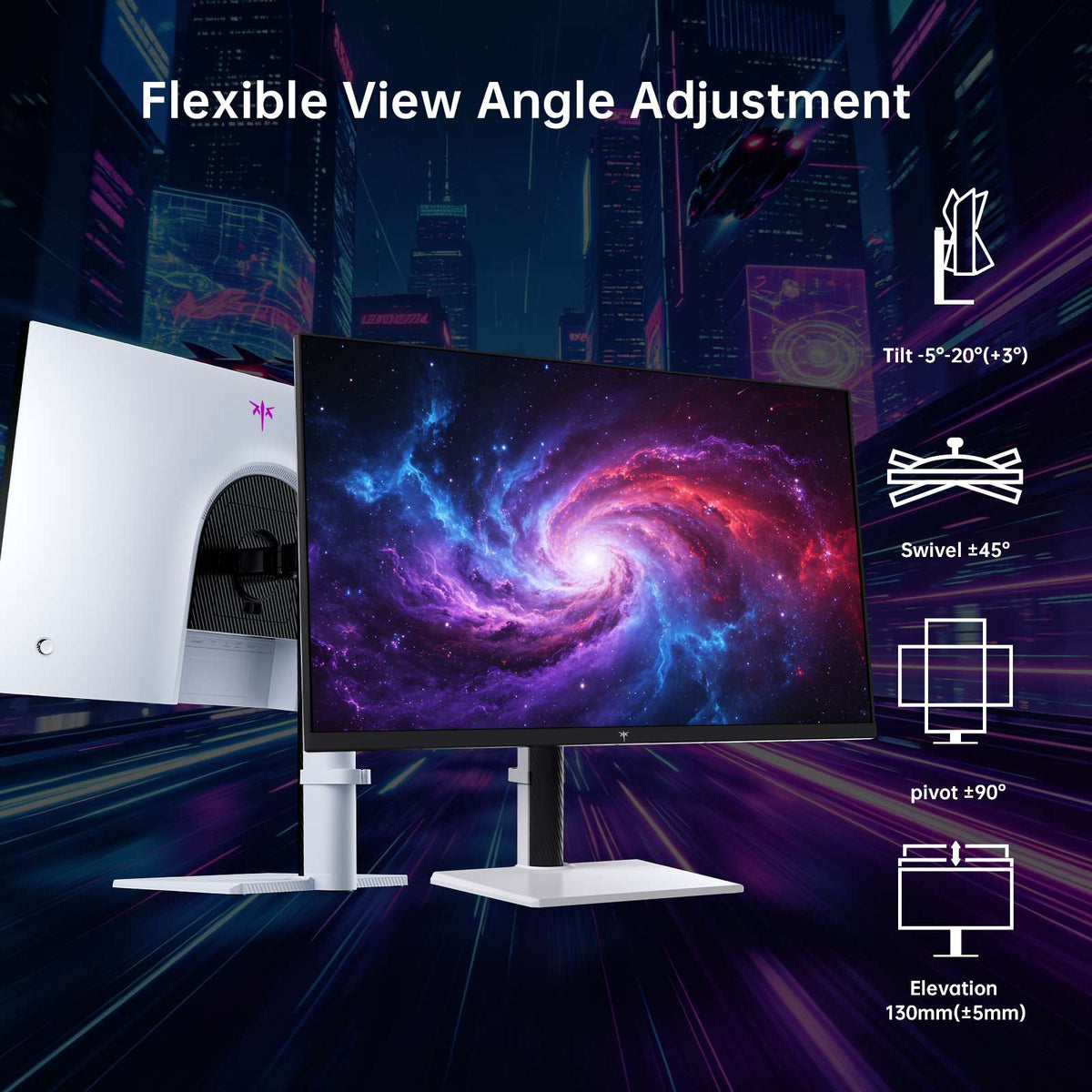 KTC M27U6 gaming monitor with adjustable stand showing tilt, swivel, pivot and height settings