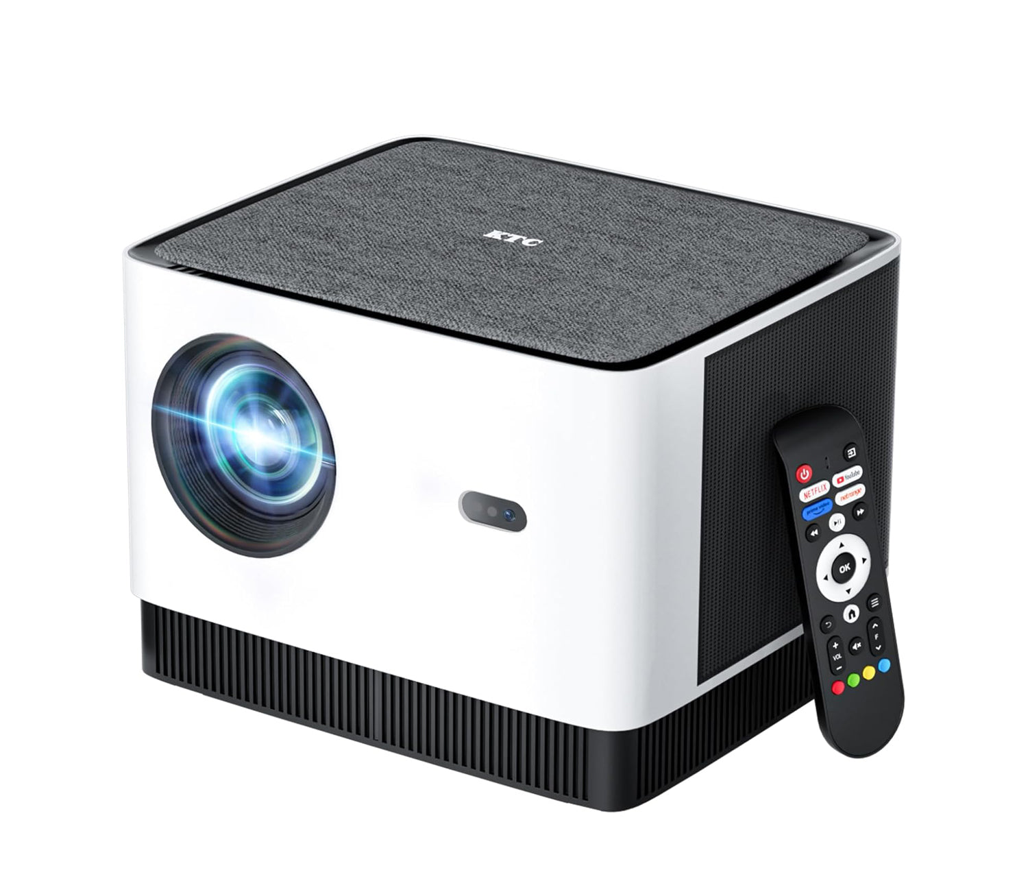 Projector with remote control on a white background