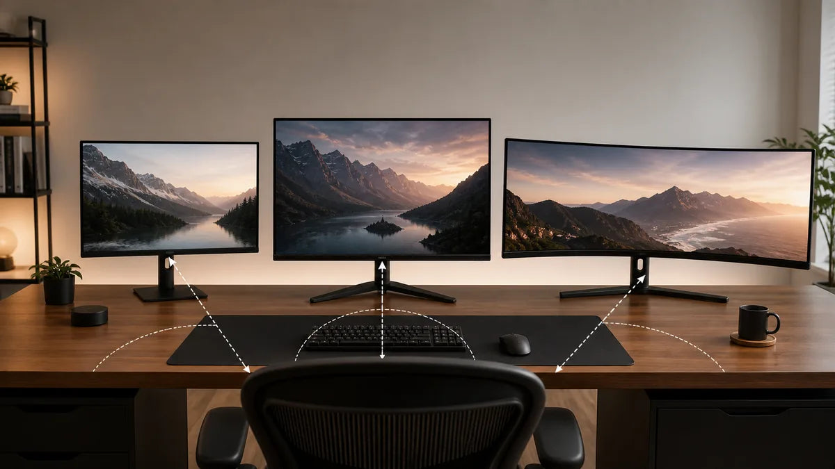 Viewing distance calculator guide for 27-inch, 32-inch, and 34-inch monitors on a desk setup