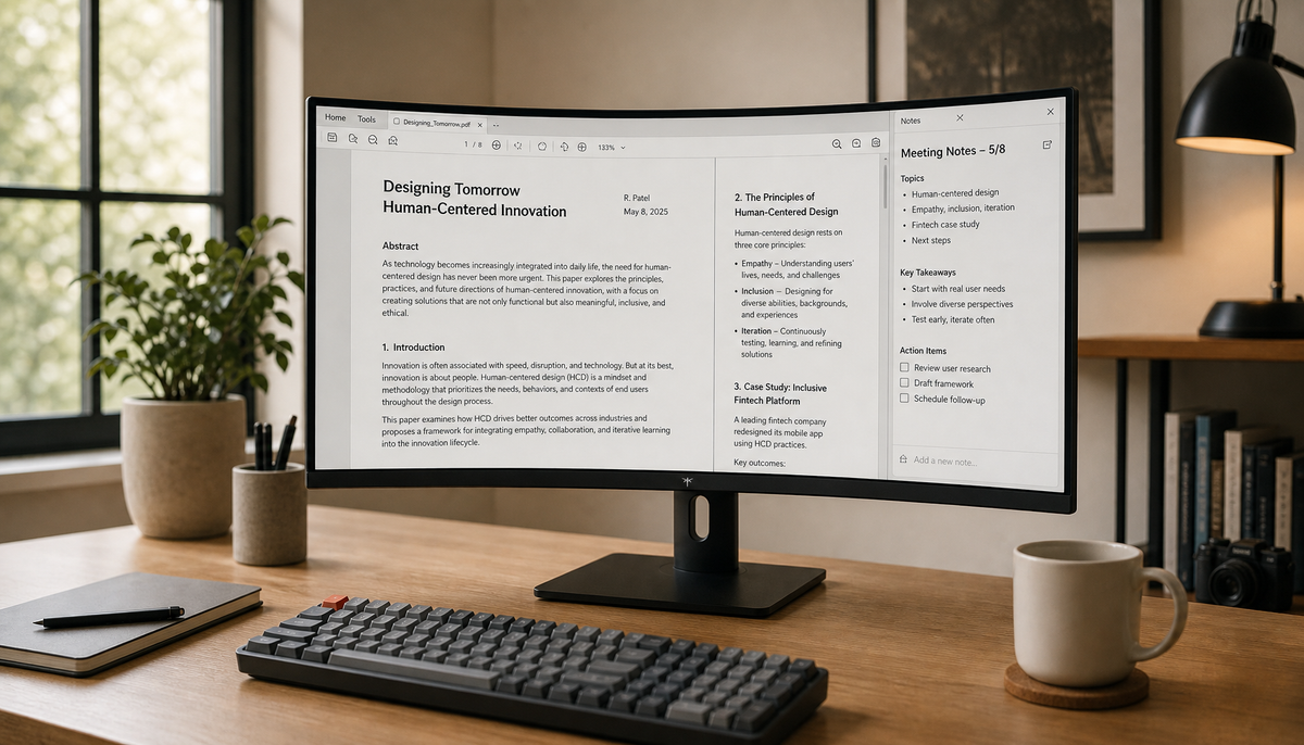 34-inch curved ultrawide monitor displaying a PDF document and notes panel side by side on a clean home office desk