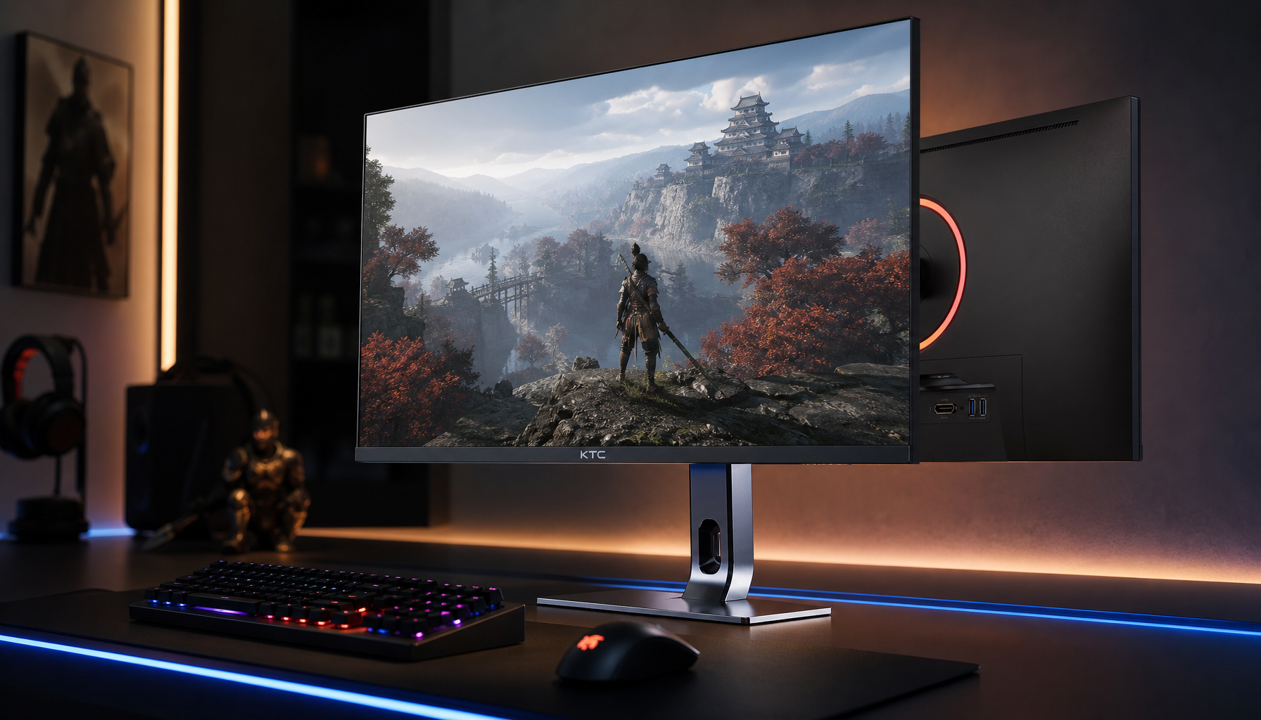 4K gaming monitor with DisplayPort connection in a dark gaming room setup