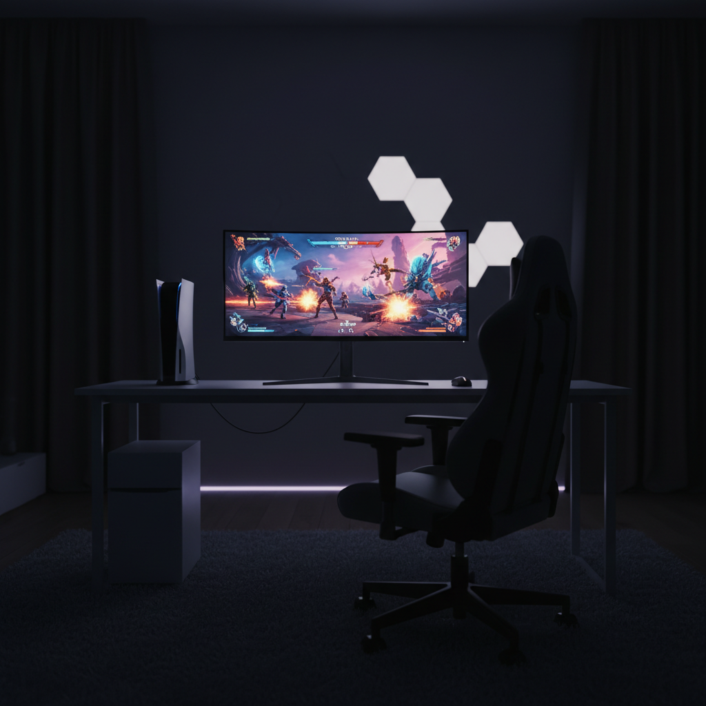 A modern gaming setup featuring a console and a gaming monitor in a dark room with RGB lighting, displaying a smooth and vibrant game scene.