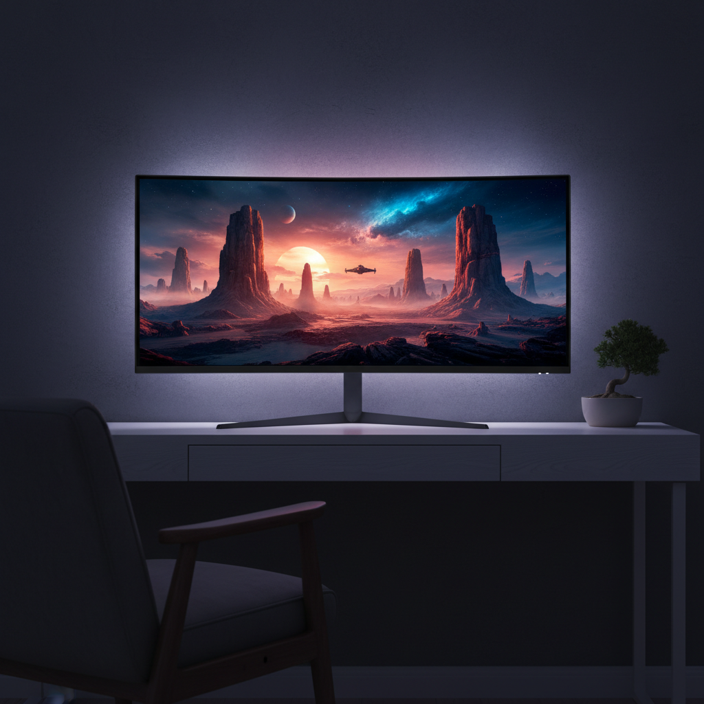 An immersive desk setup featuring an ultrawide monitor in a dark room, displaying a vibrant cinematic movie scene that fills the entire screen without black bars.