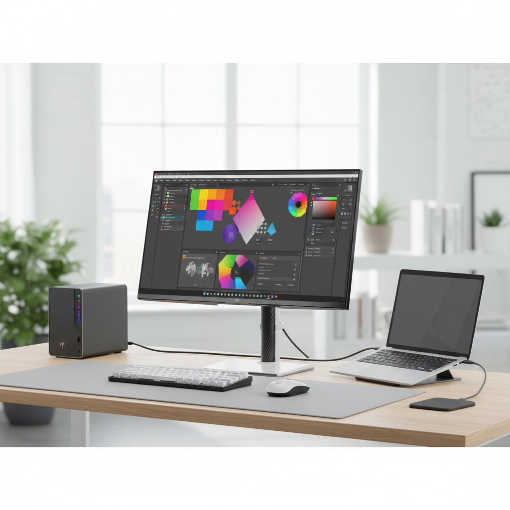 Professional creative workspace with a compact desktop computer and a laptop connected to a high-resolution monitor displaying vibrant content
