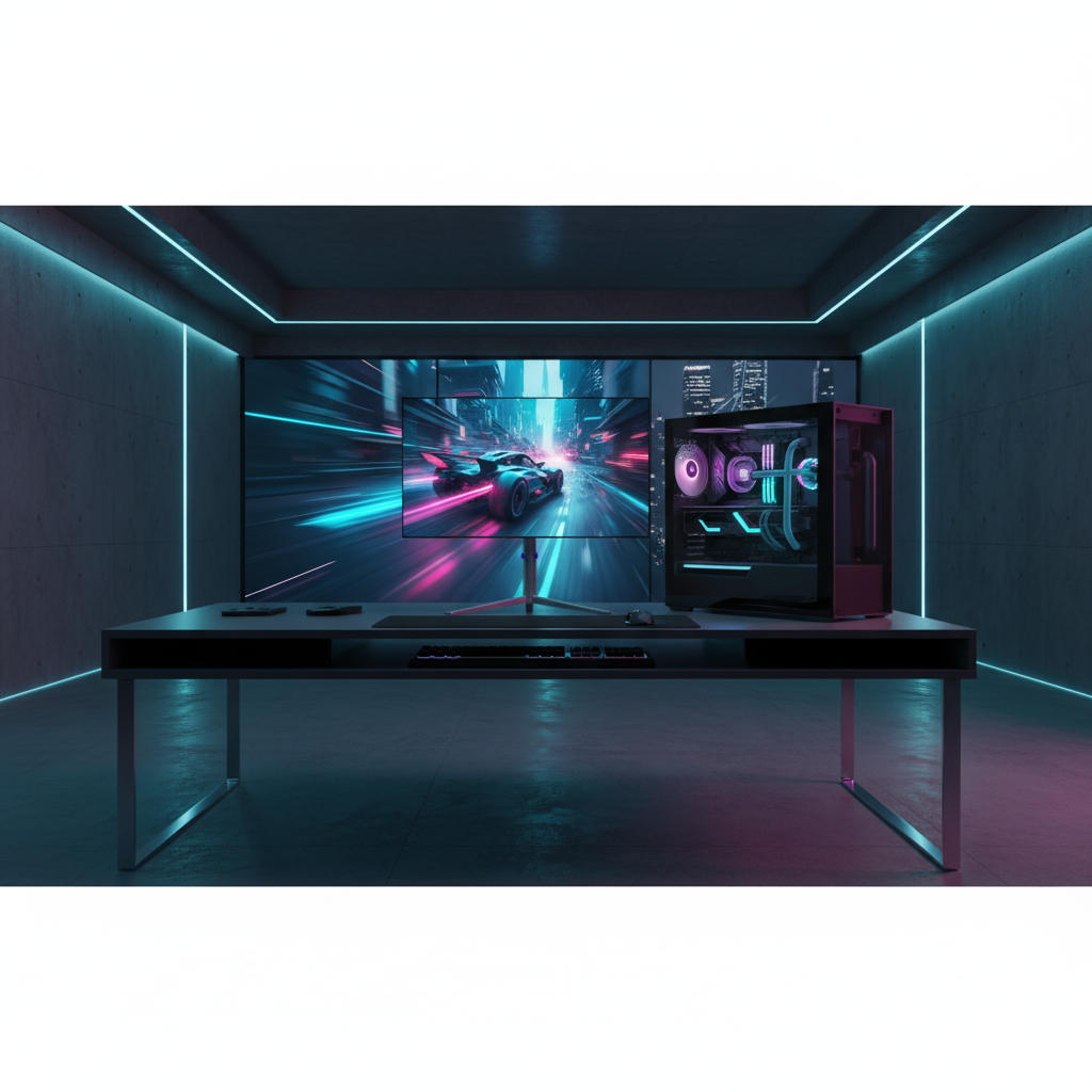 A futuristic 2026 gaming setup featuring a high-refresh-rate monitor and a powerful, glowing graphics card inside a transparent PC case.