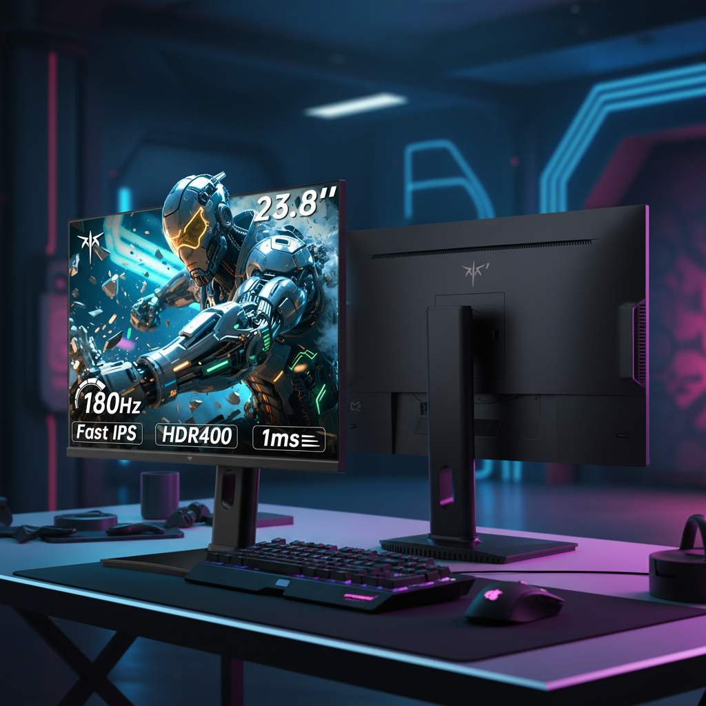 A sleek 27-inch gaming monitor with thin bezels and RGB accents shown from both front and back angles on a modern desk with cyberpunk neon lighting.