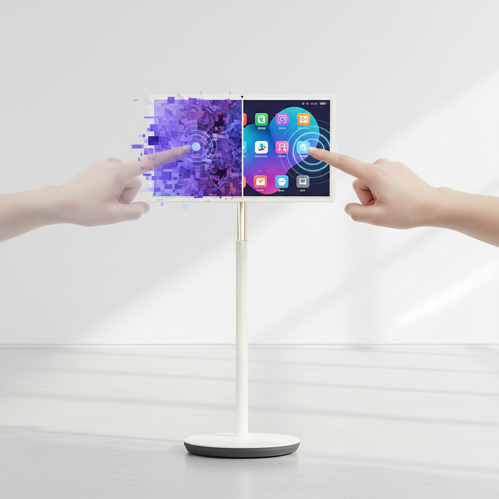 A split-screen comparison of a large portable smart touch monitor; the left side shows a glitchy interface with faded ghost touch indicators, while the right side shows a sharp, responsive screen being touched by a user.